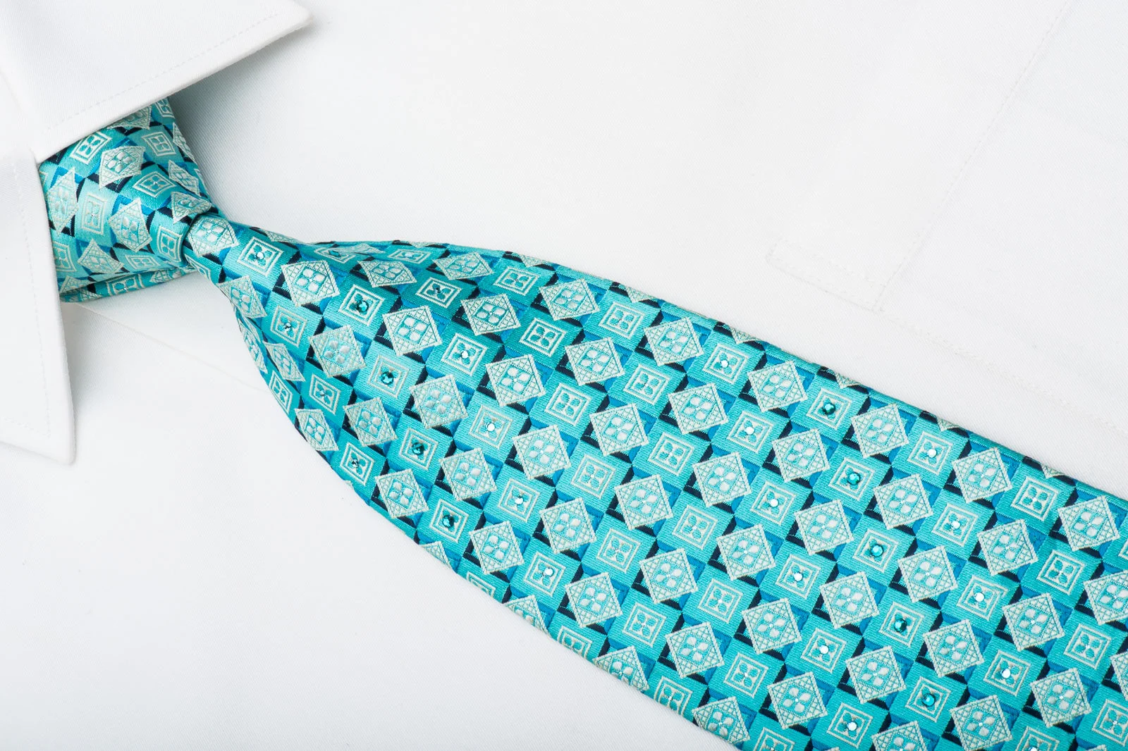 Pierre Cardin Mens Rhinestone Tie Geometric On Light Blue Silk With Silver Sparkles - Image 2