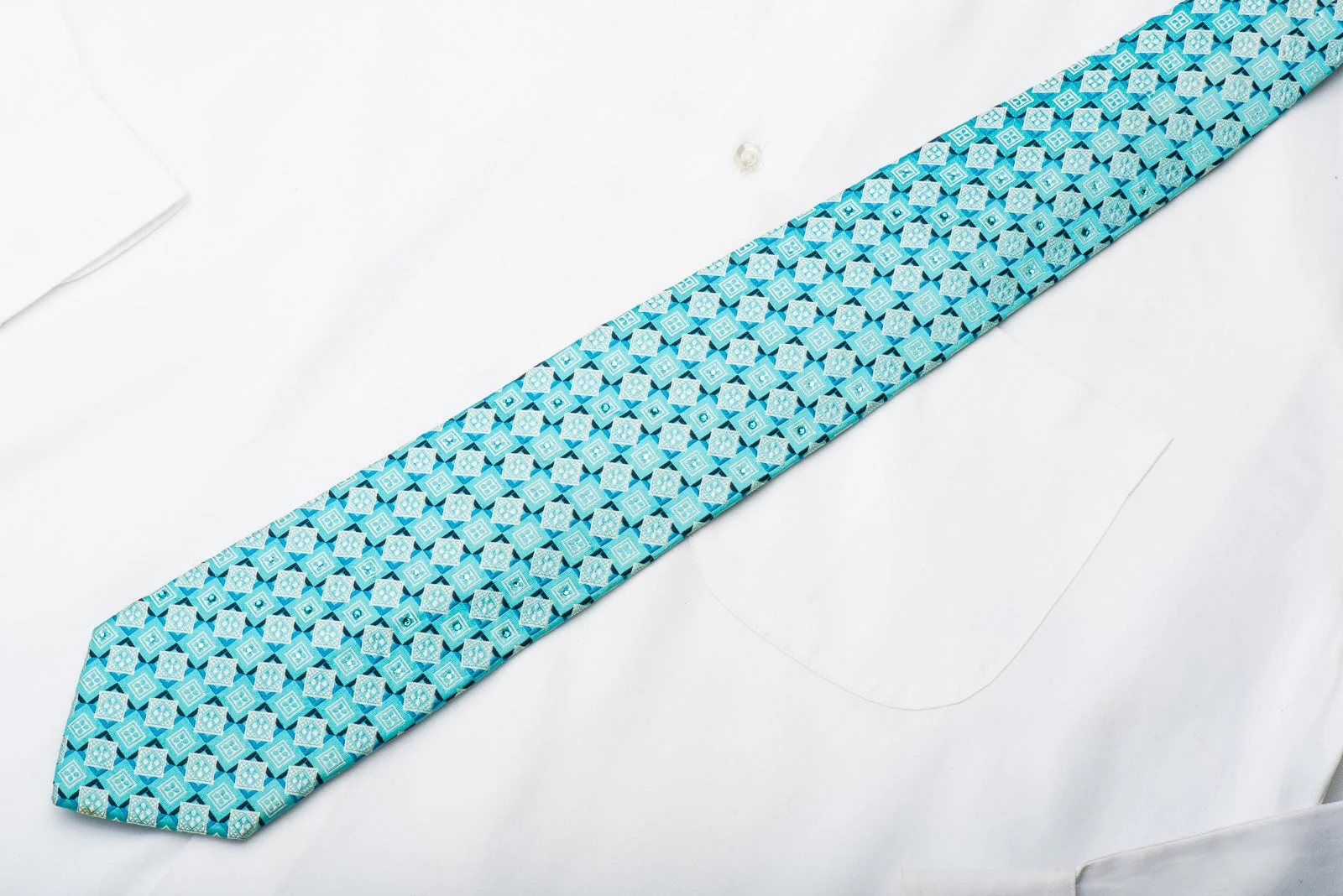 Pierre Cardin Mens Rhinestone Tie Geometric On Light Blue Silk With Silver Sparkles - Image 4