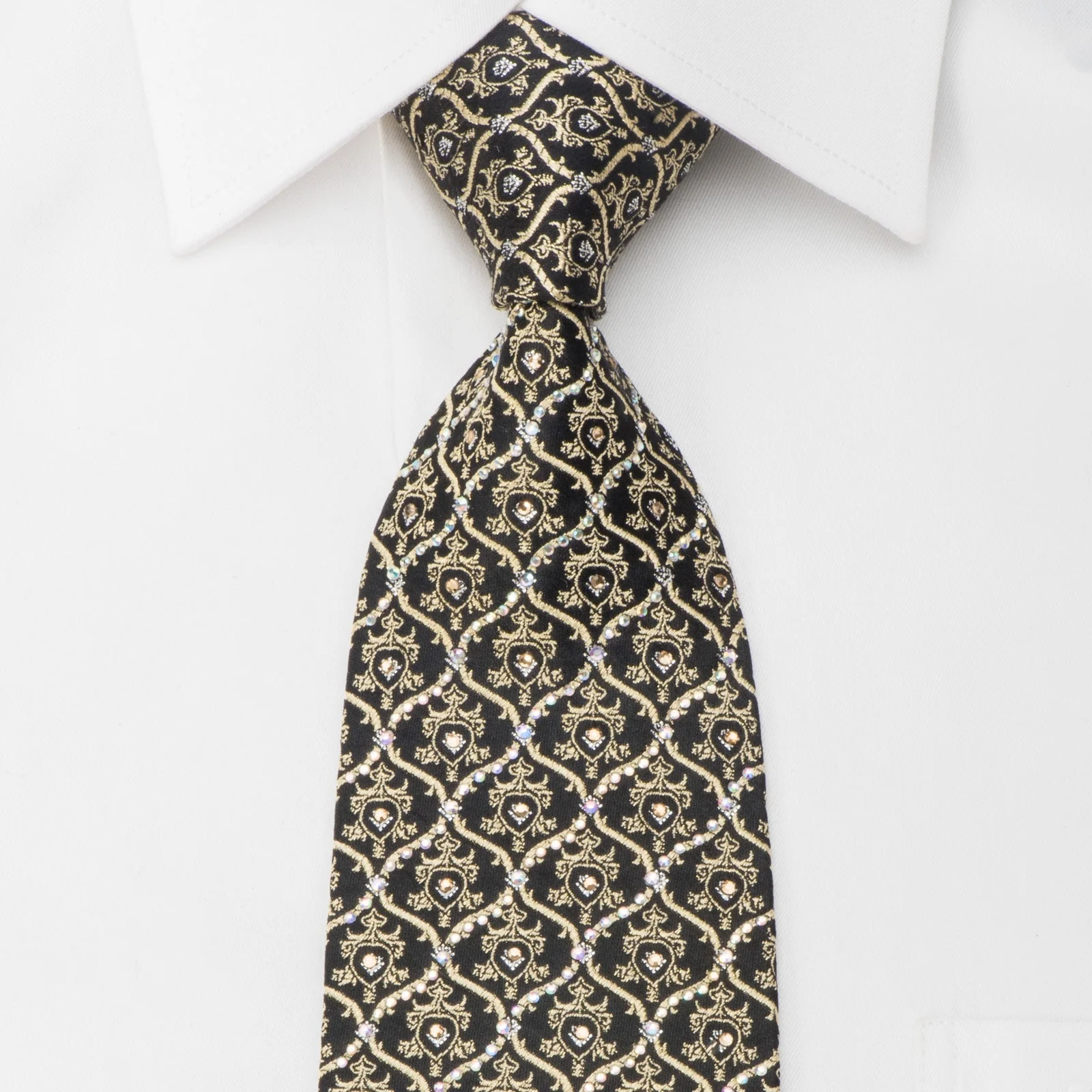 Golden Cartouche On Black Rhinestone Silk Tie With Gold Sparkles