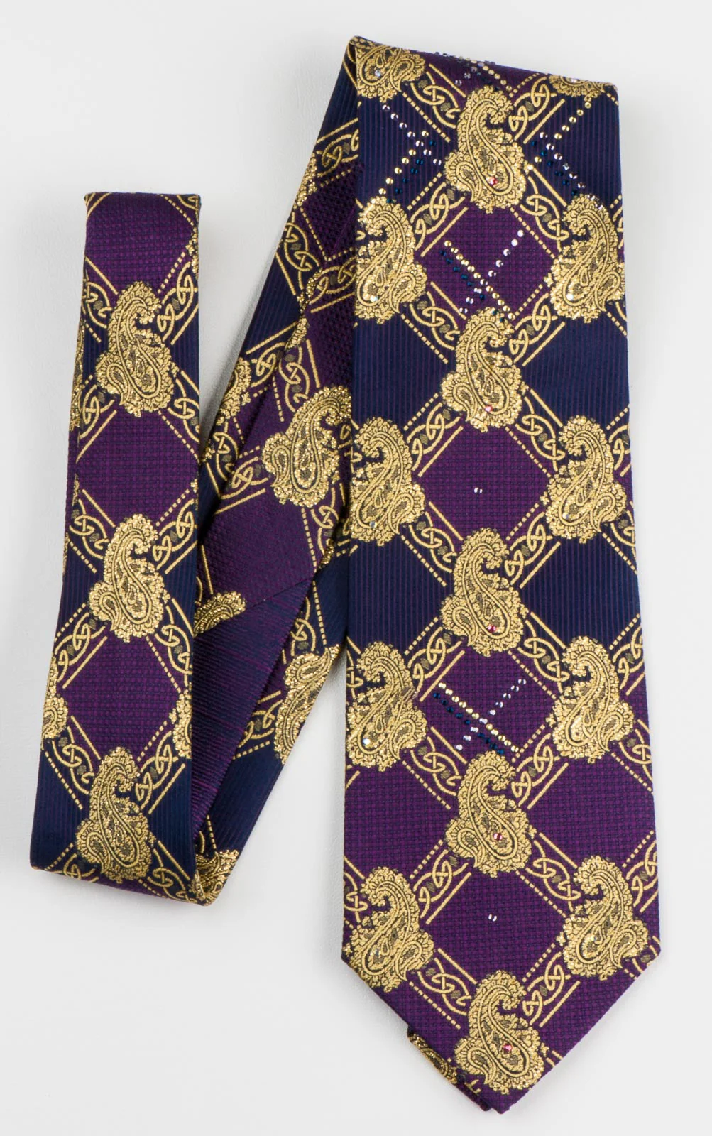 Pierre Cardin Rhinestone Tie Golden Paisley Harlequin On Purple With Golden Sparkles - Image 3