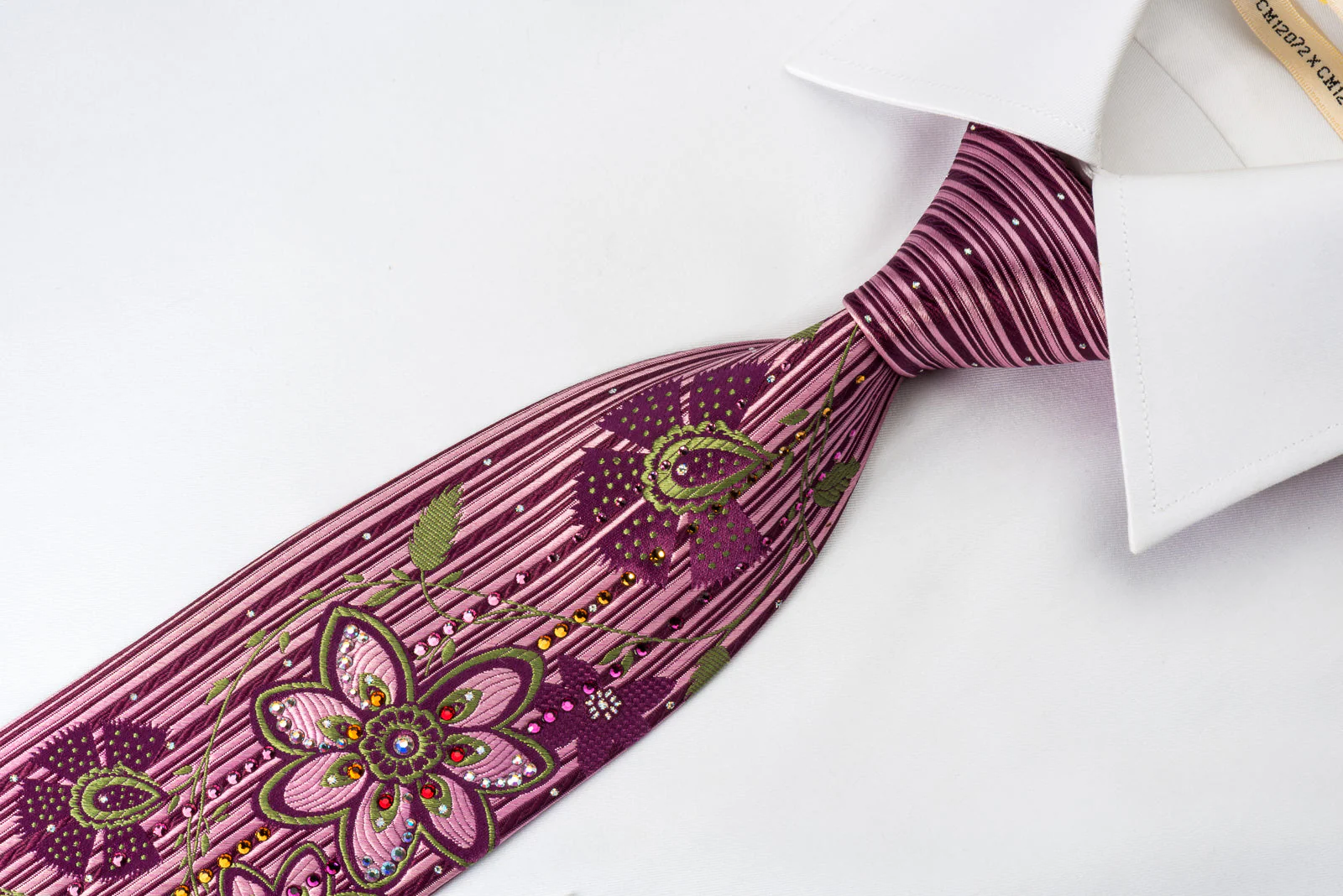Pierre Cardin Rhinestone Tie Green Floral On Purple With Silver Sparkles - Image 6