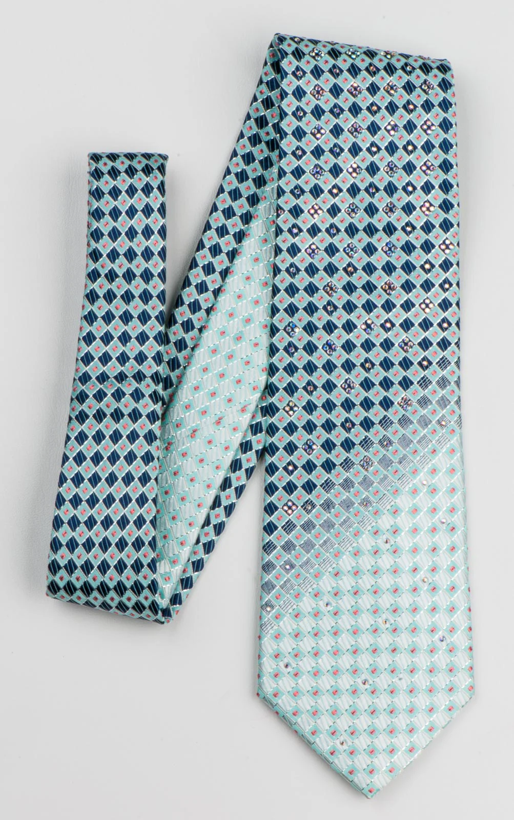 Pierre Cardin Silk Neck Tie Blue Checker Design With Rhinestones 3 1/4 Inch - Image 2