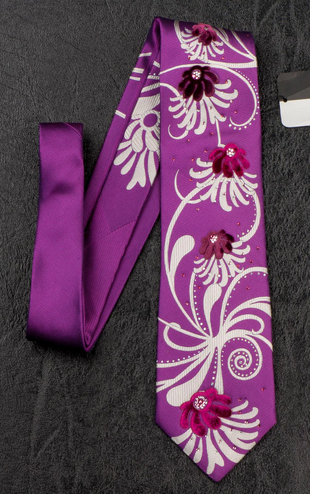Pierre Cardin Silk Neck Tie With Rhinestones Floral Design On Purple 3 1/4 Inch - Image 5