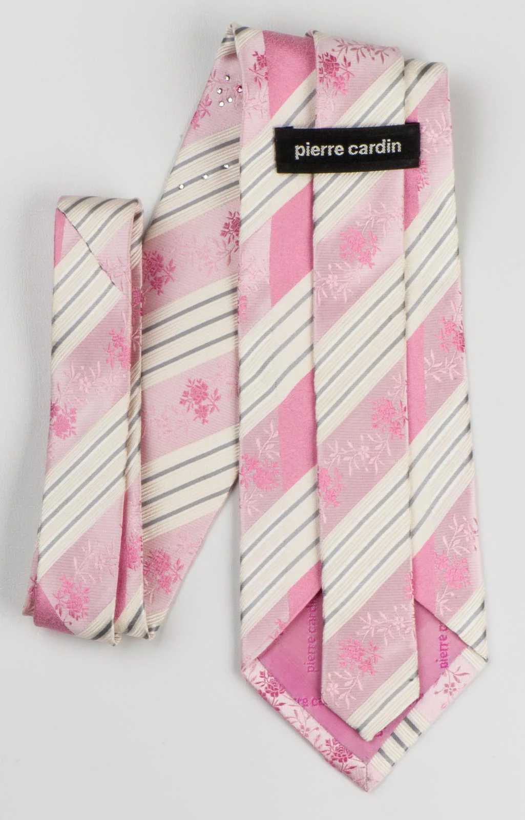 Pierre Cardin Silk Necktie Pink White Stripes With Rose Pattern & Rhinestones - Image 3