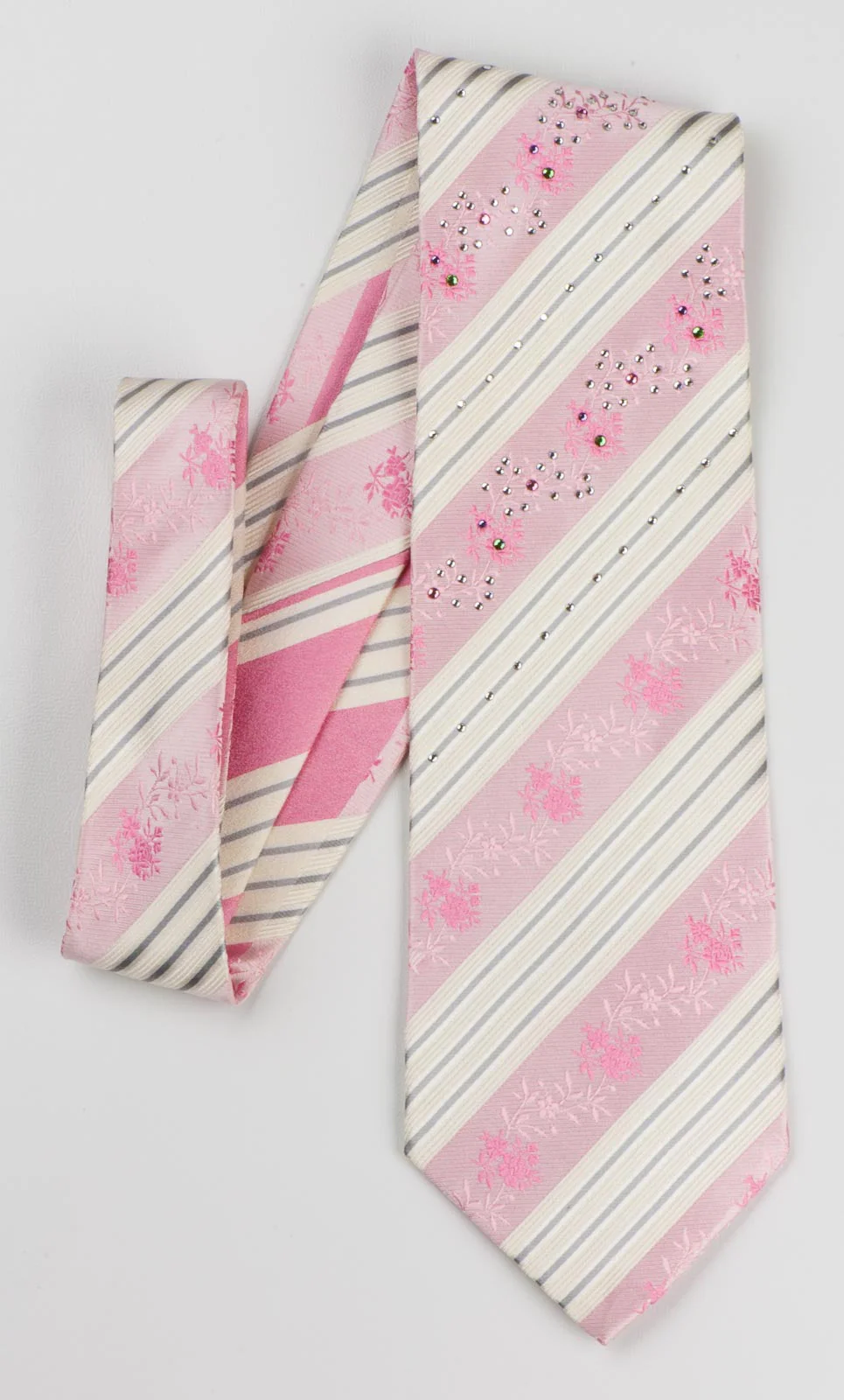 Pierre Cardin Silk Necktie Pink White Stripes With Rose Pattern & Rhinestones - Image 7
