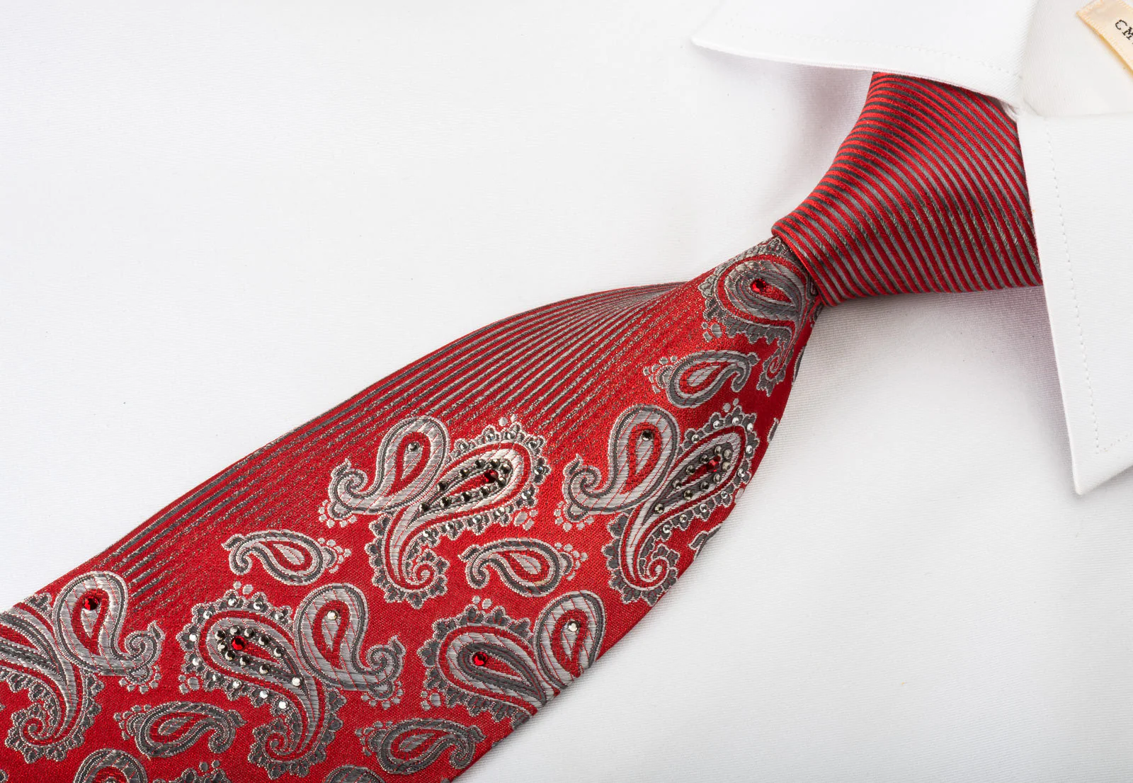 Pierre Cardin Silk Necktie Silver Boteh On Red With Red White Crystal Rhinestones - Image 4
