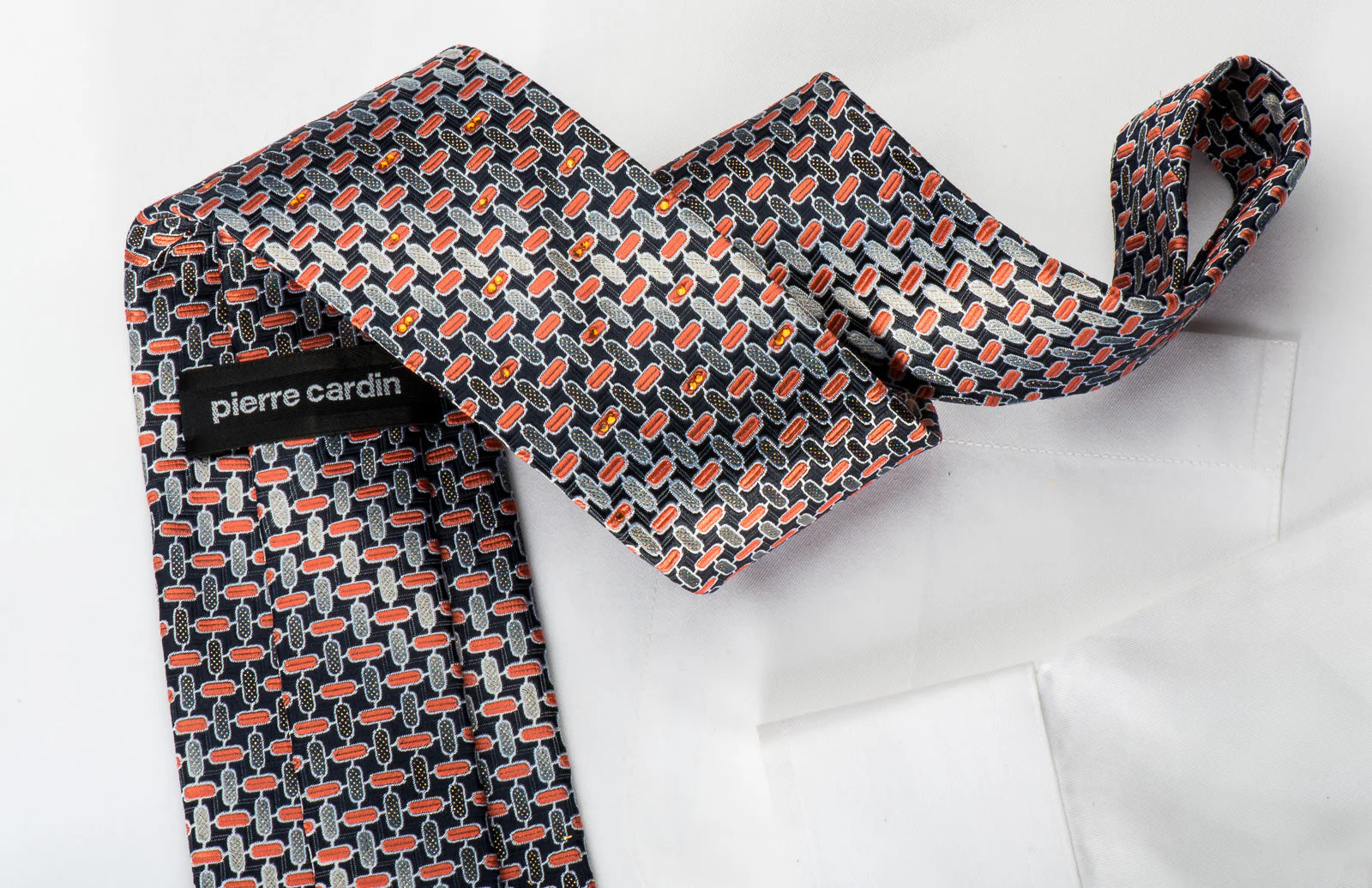 Pierre Cardin Silk Necktie Silver Orange Geometric & Trellis On Navy With Rhinestones & Sparkles - Image 2