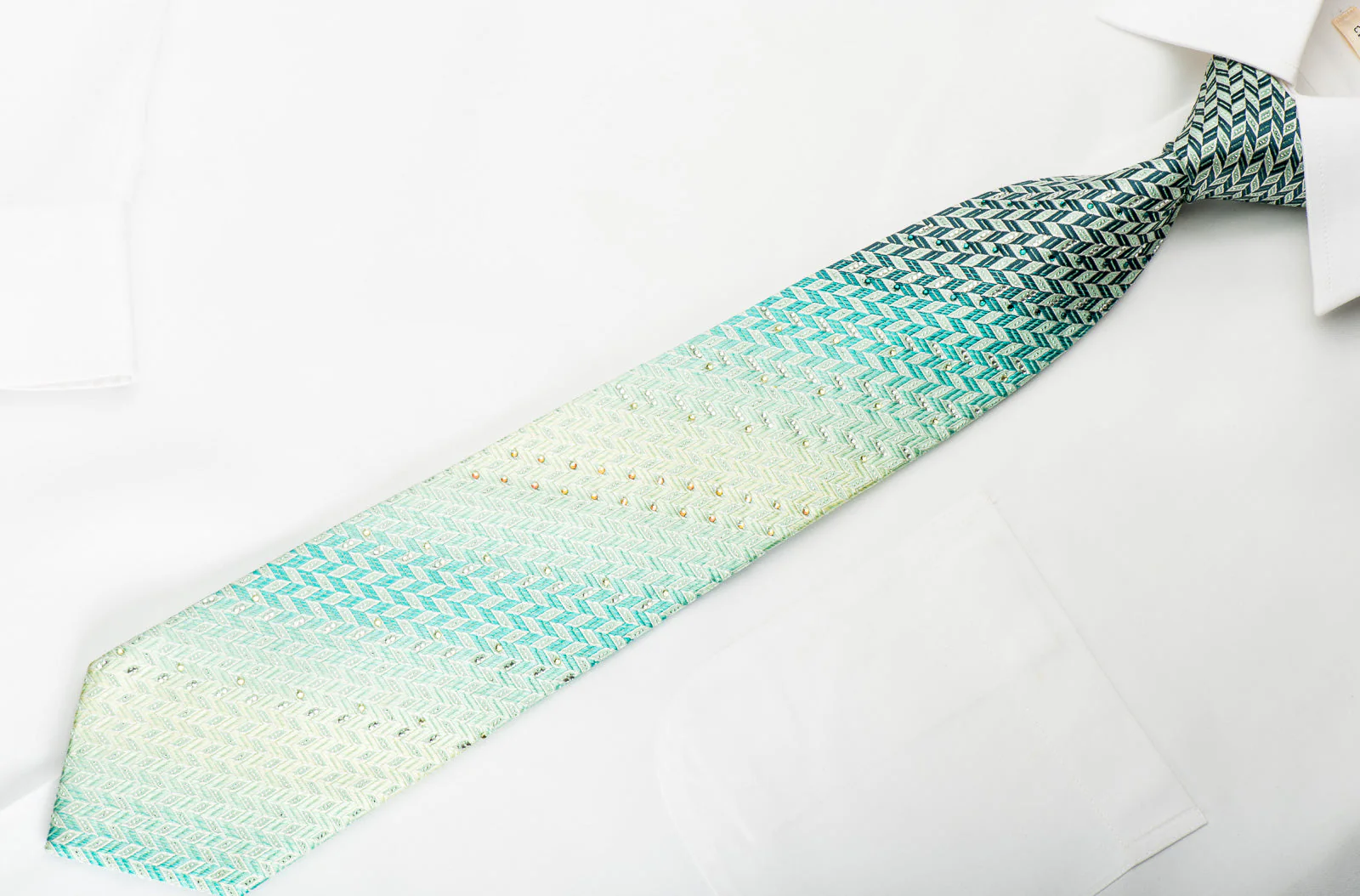 Pierre Cardin Silk Necktie Turquoise Green Herringbone With Rhinestones Silver Sparkles - Image 3