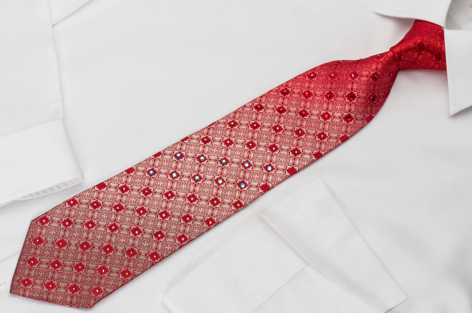 Pierre Cardin Silk Necktie With Large Rhinestones Silver Anthemion On Red - Image 2