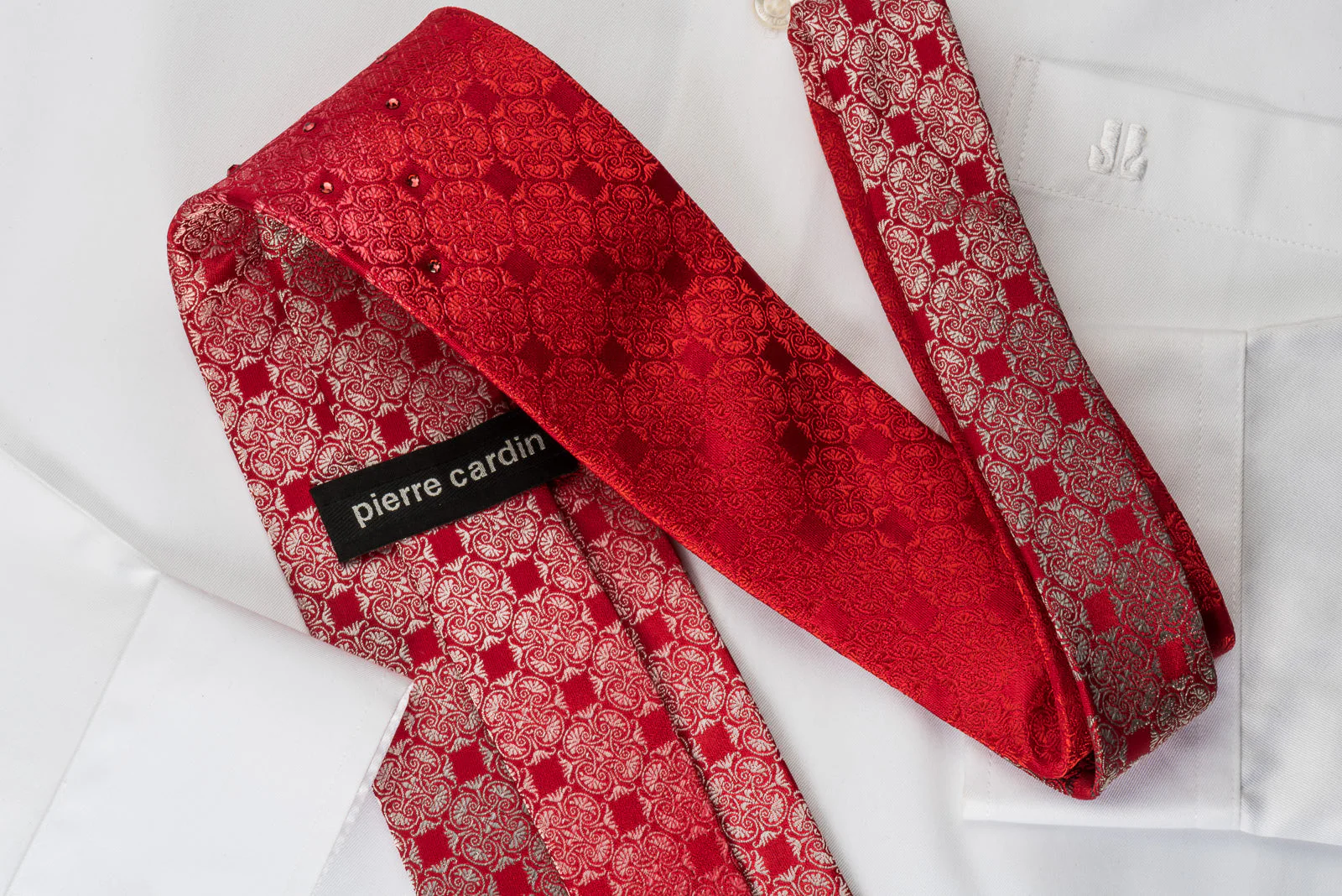 Pierre Cardin Silk Necktie With Large Rhinestones Silver Anthemion On Red - Image 3