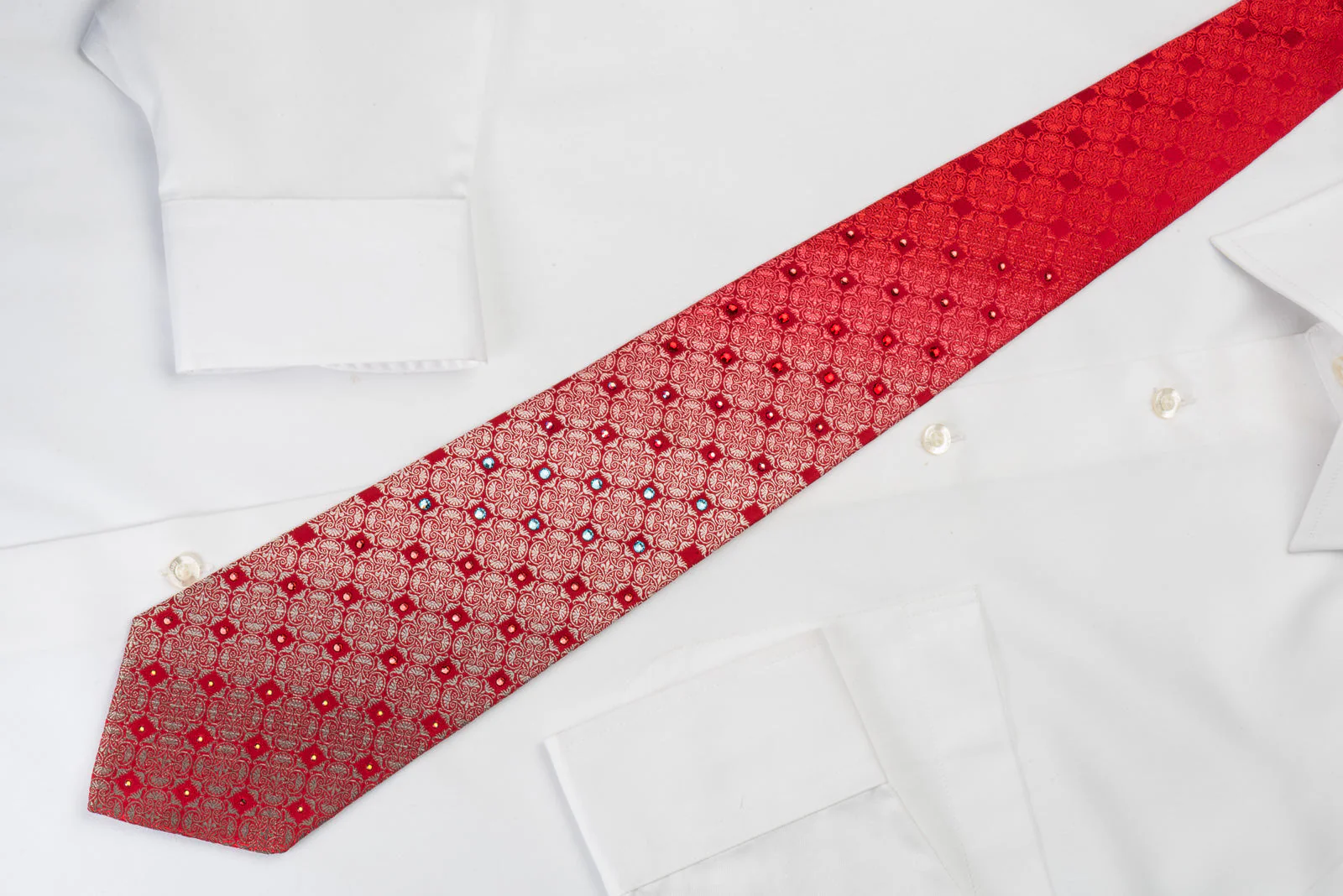 Pierre Cardin Silk Necktie With Large Rhinestones Silver Anthemion On Red - Image 4