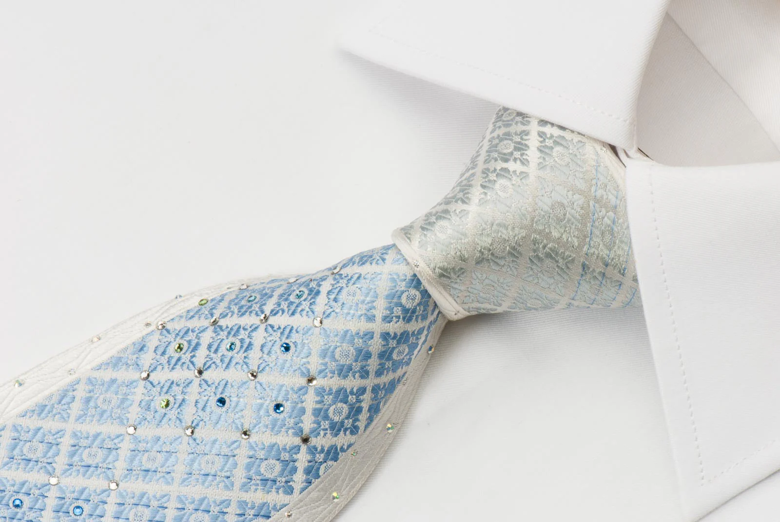 Pierre Cardin Silk Rhinestone Necktie Blue Cartouche On White With Silver Sparkles - Image 6