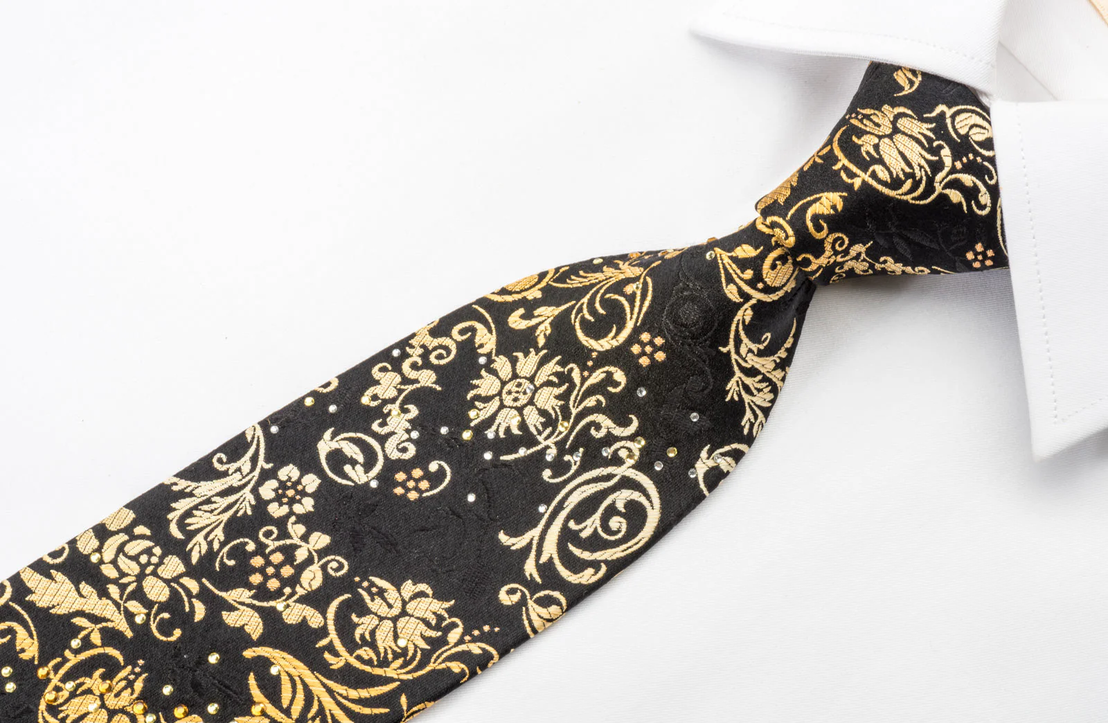 Pierre Cardin Silk Rhinestone Necktie Golden Vines On Black With Sparkles - Image 5