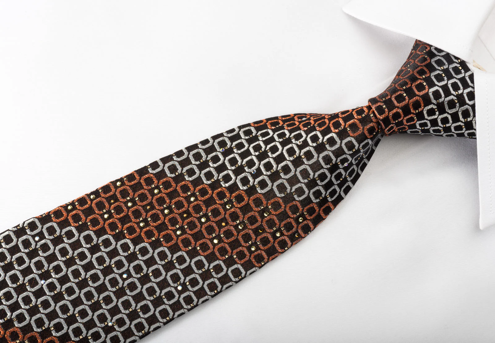 Pierre Cardin Silk Rhinestone Necktie Orange Silver Ovals On Black With Sparkles - Image 3