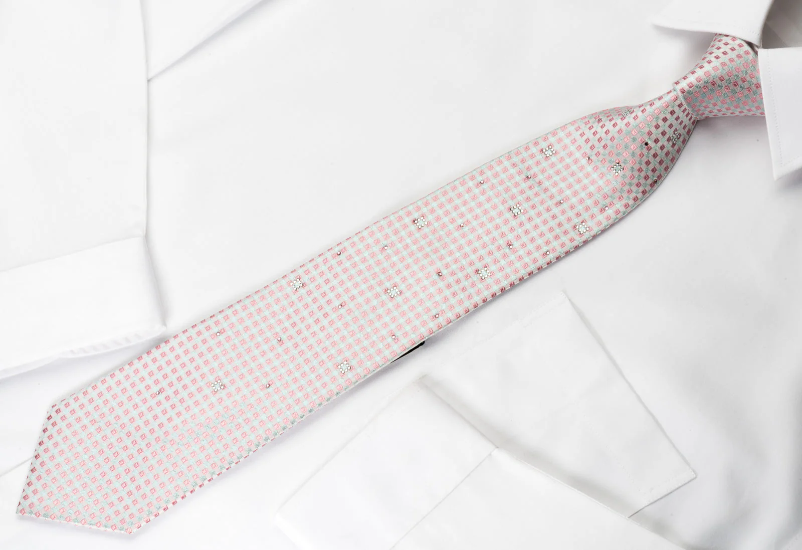 Pierre Cardin Silk Rhinestone Necktie Pink Blue Checked With Silver Sparkles - Image 3