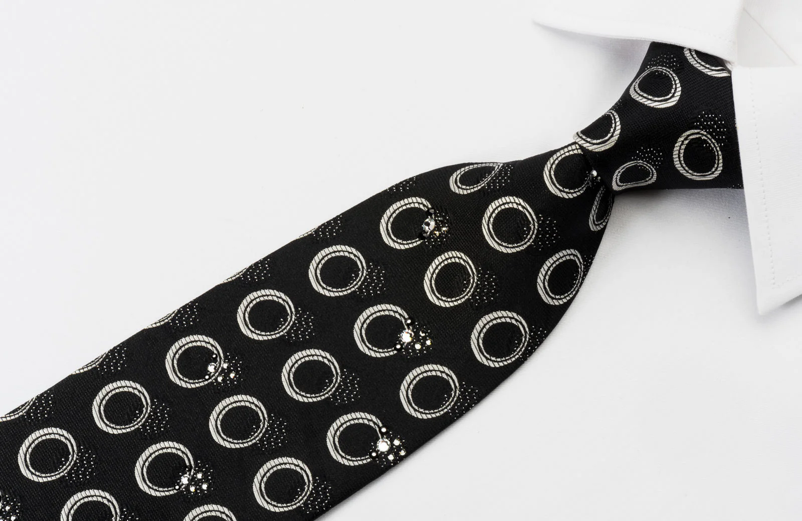 Pierre Cardin Silk Rhinestone Necktie Silver Circles On Black With Sparkles - Image 3