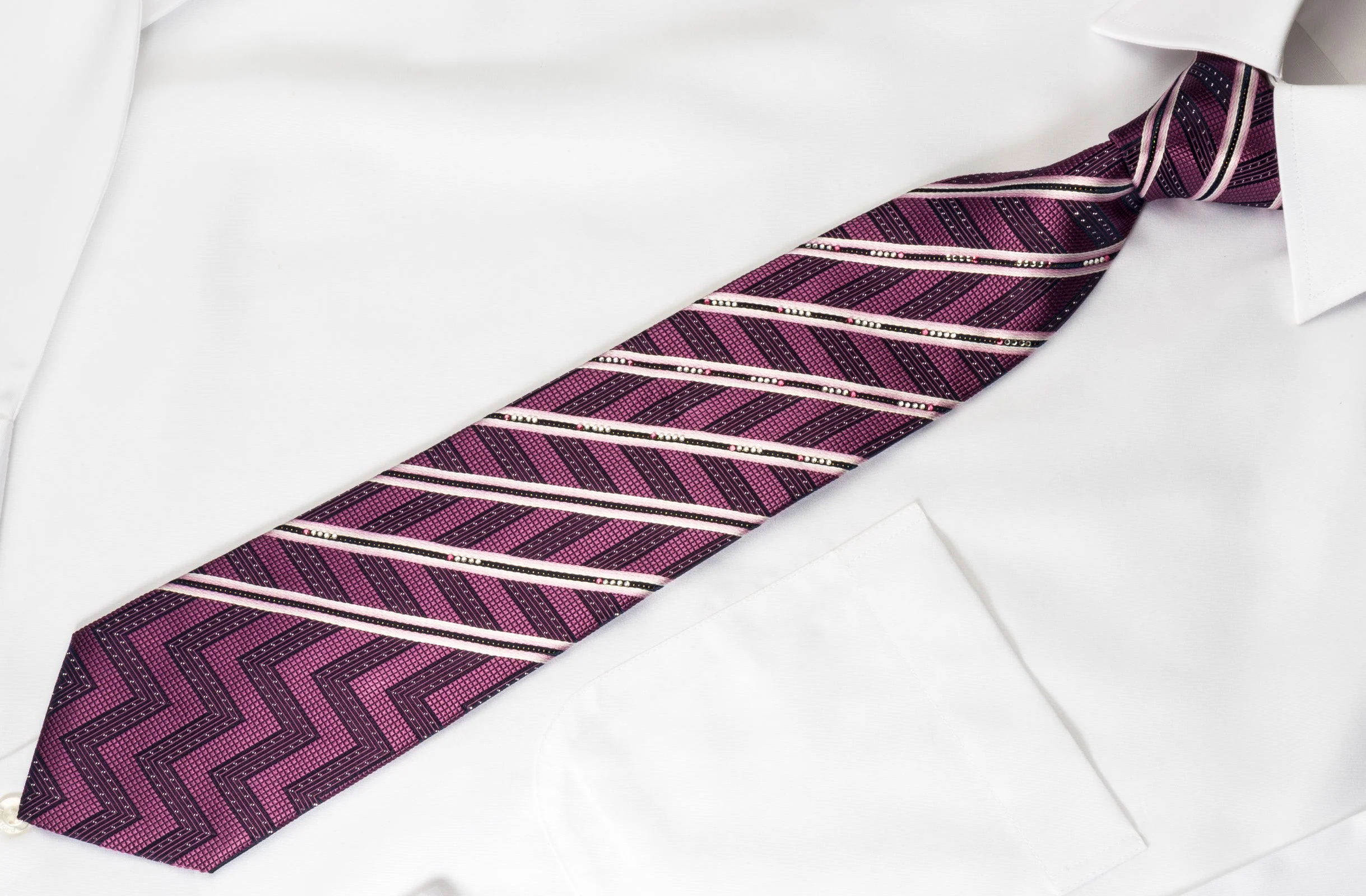 Pierre Cardin Silk Rhinestone Necktie Silver Stripes On Purple With Sparkles - Image 2