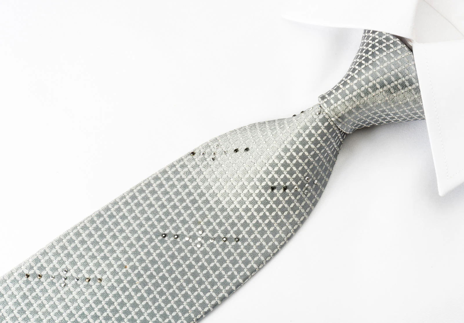Pierre Cardin Silk Rhinestone Tie Geometric Trellis On Silver With Silver Sparkles - Image 3