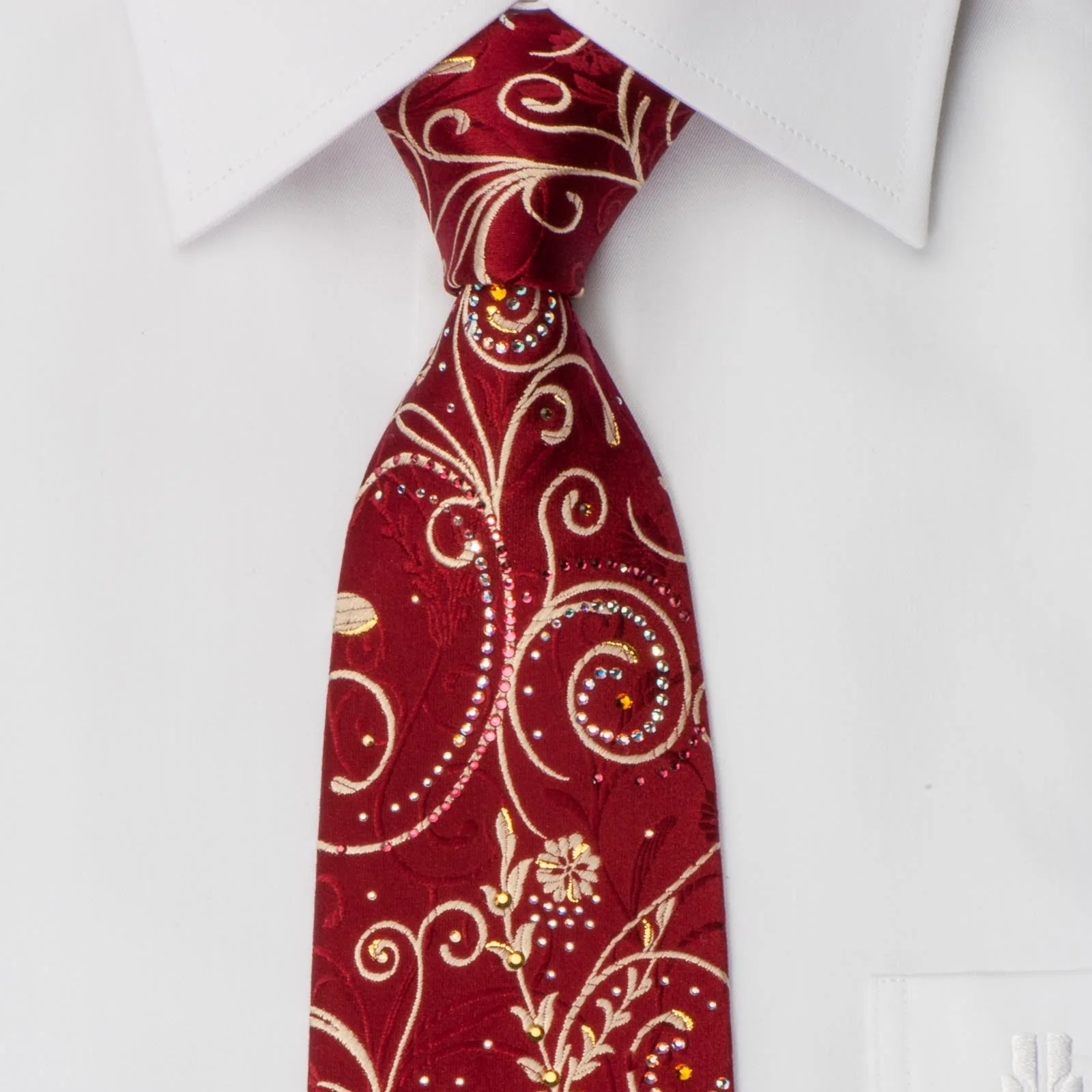 Pierre Cardin Silk Rhinestone Tie Golden Vines Floral On Burgundy With Sparkles