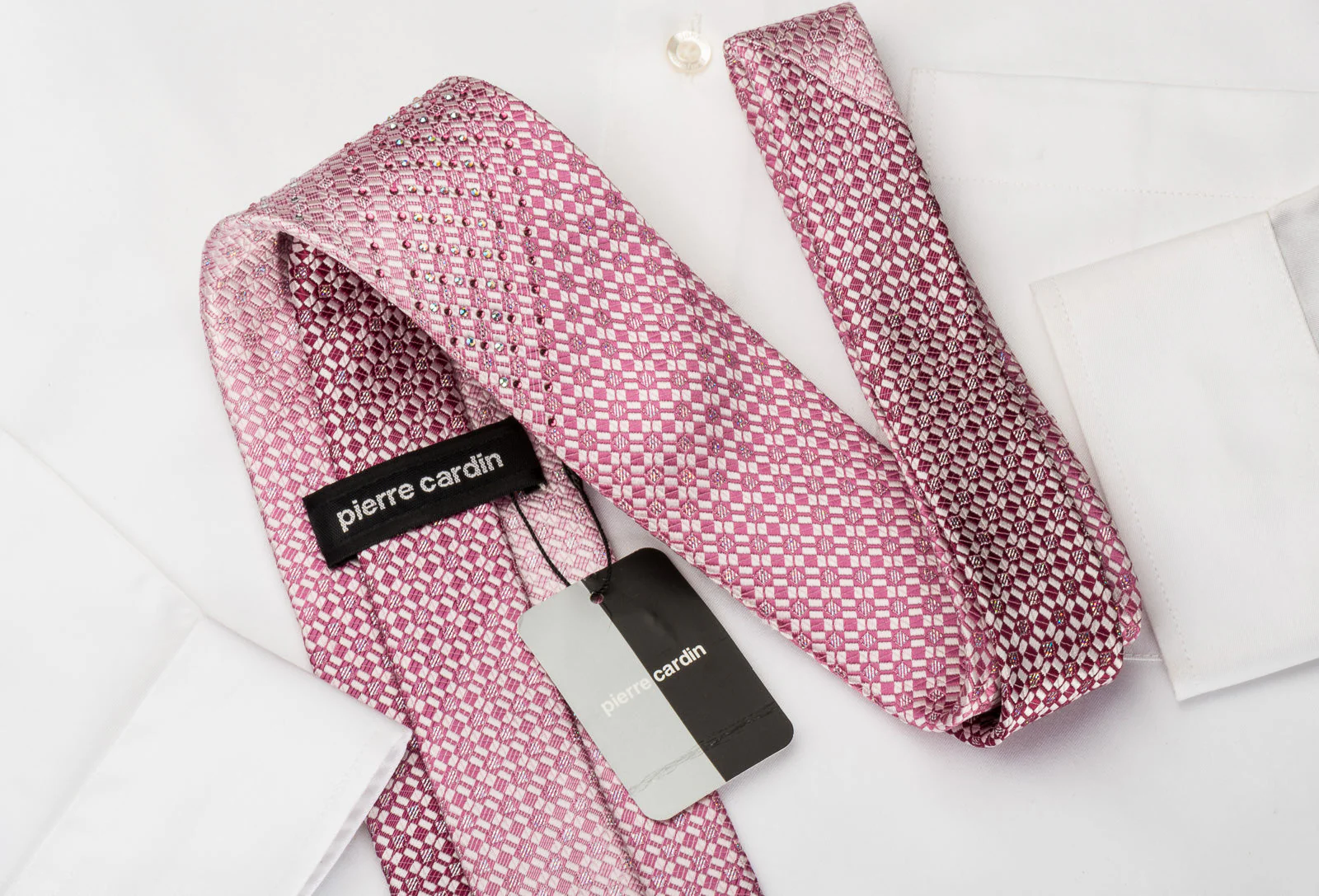 Pierre Cardin Silk Rhinestone Tie Pink White Checkered With Silver Sparkles - Image 6