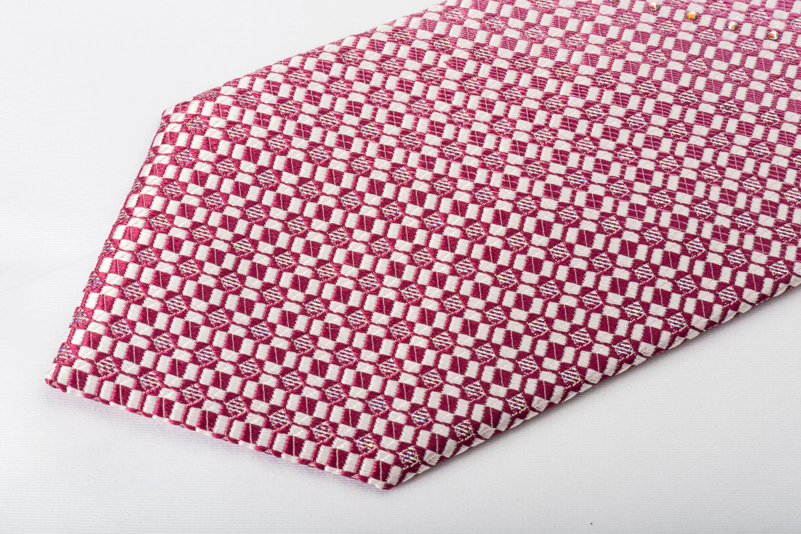 Pierre Cardin Silk Rhinestone Tie Pink White Checkered With Silver Sparkles - Image 8