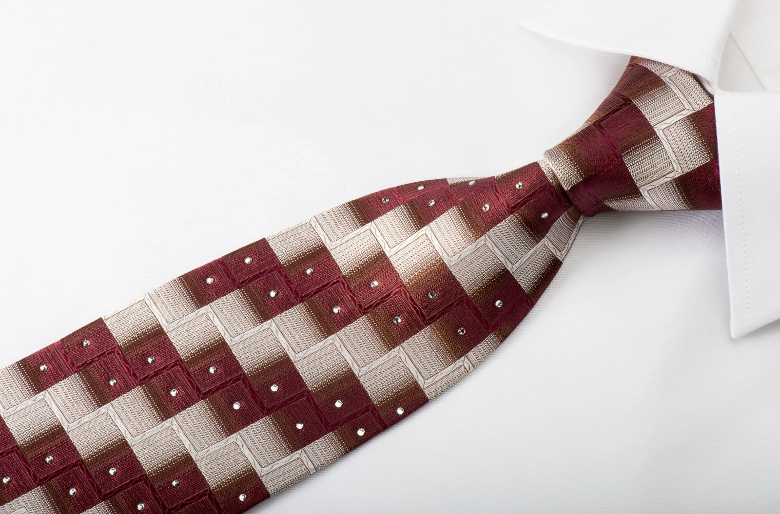 Pierre Cardin Silk Tie Burgundy Silver Chevron Checkered With Rhinestones - Image 2