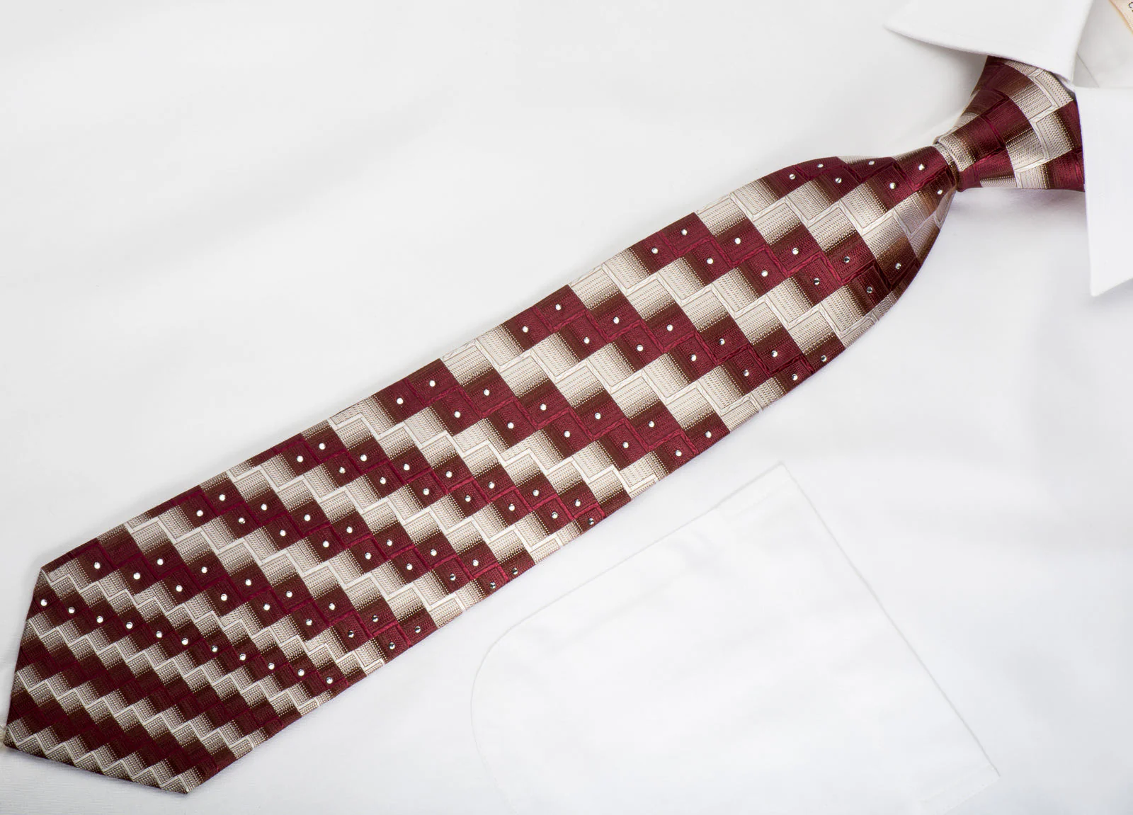 Pierre Cardin Silk Tie Burgundy Silver Chevron Checkered With Rhinestones - Image 3