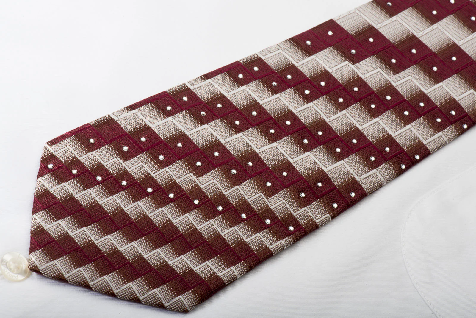 Pierre Cardin Silk Tie Burgundy Silver Chevron Checkered With Rhinestones - Image 4