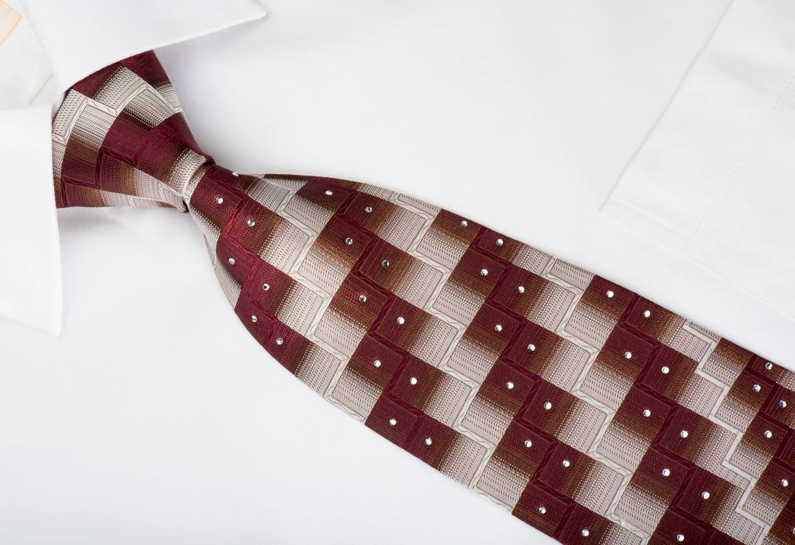 Pierre Cardin Silk Tie Burgundy Silver Chevron Checkered With Rhinestones - Image 6