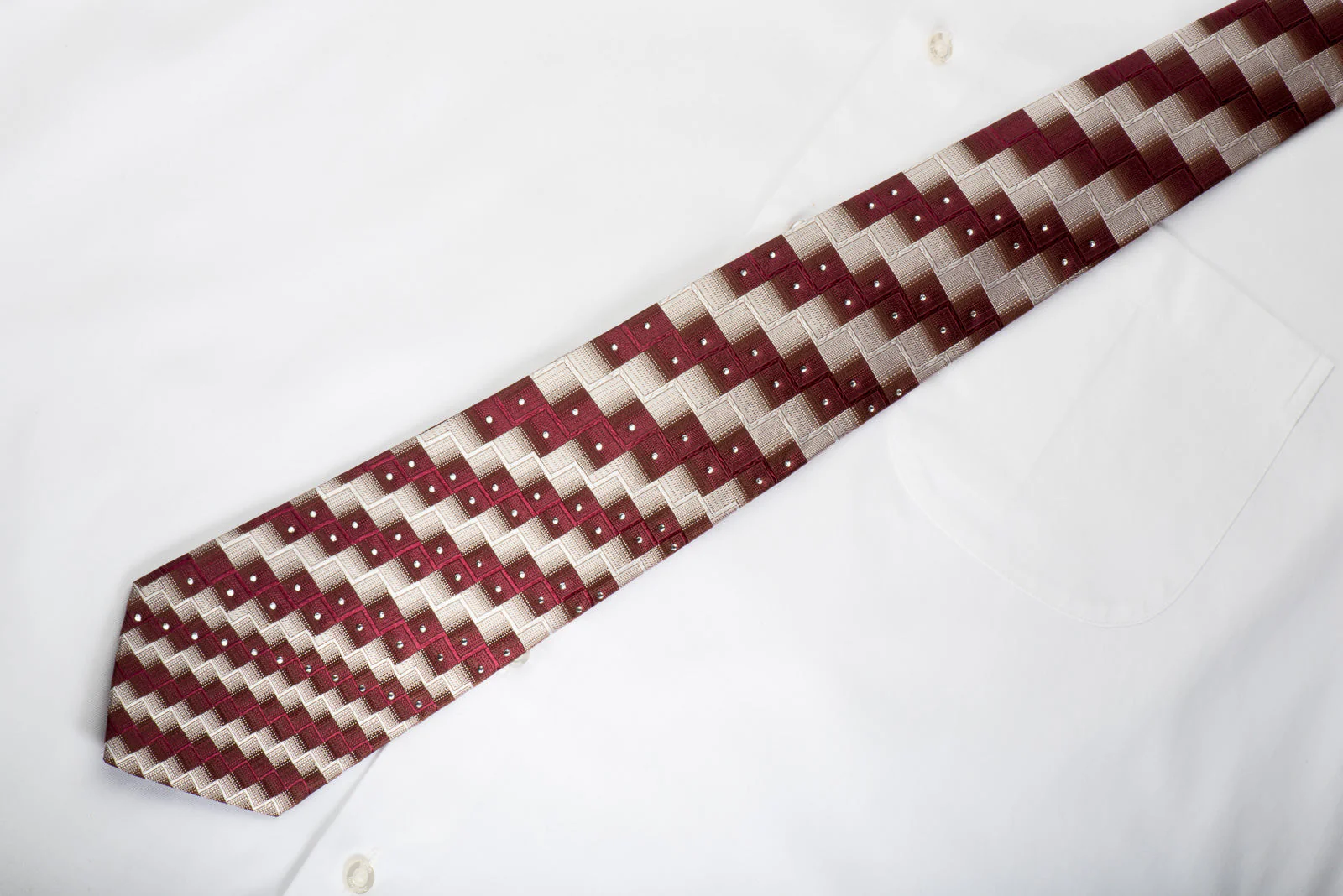 Pierre Cardin Silk Tie Burgundy Silver Chevron Checkered With Rhinestones - Image 7