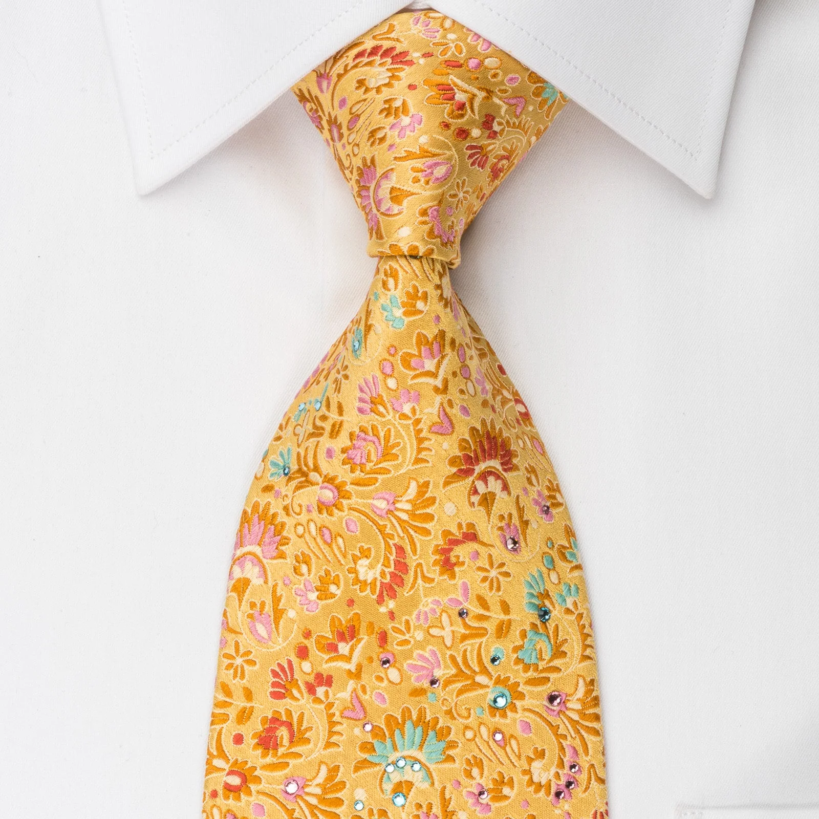 Pierre Cardin Silk Tie Floral On Orange With Crystal Rhinestones