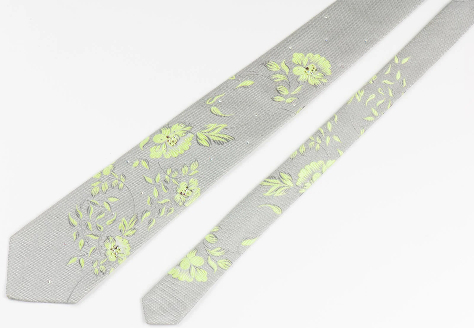 Pierre Cardin Silk Tie Green Floral On Gray & Metallic Silver With Rhinestones - Image 6