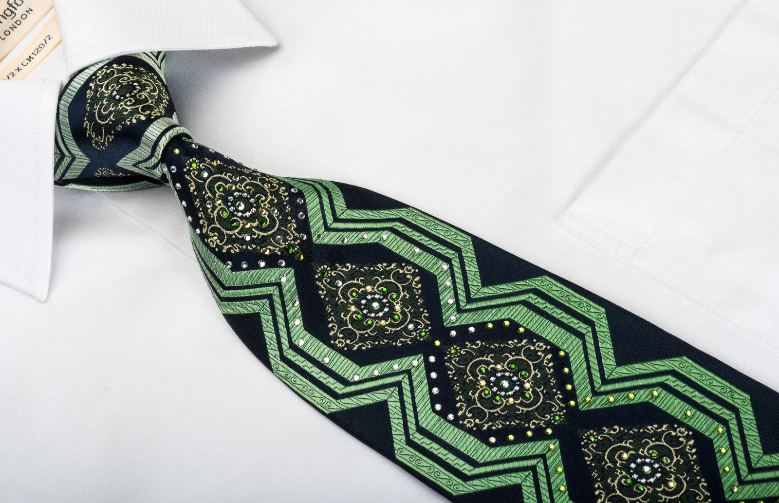 Pierre Cardin Silk Tie Green Geometric Cartouche With Rhinestones - Image 5