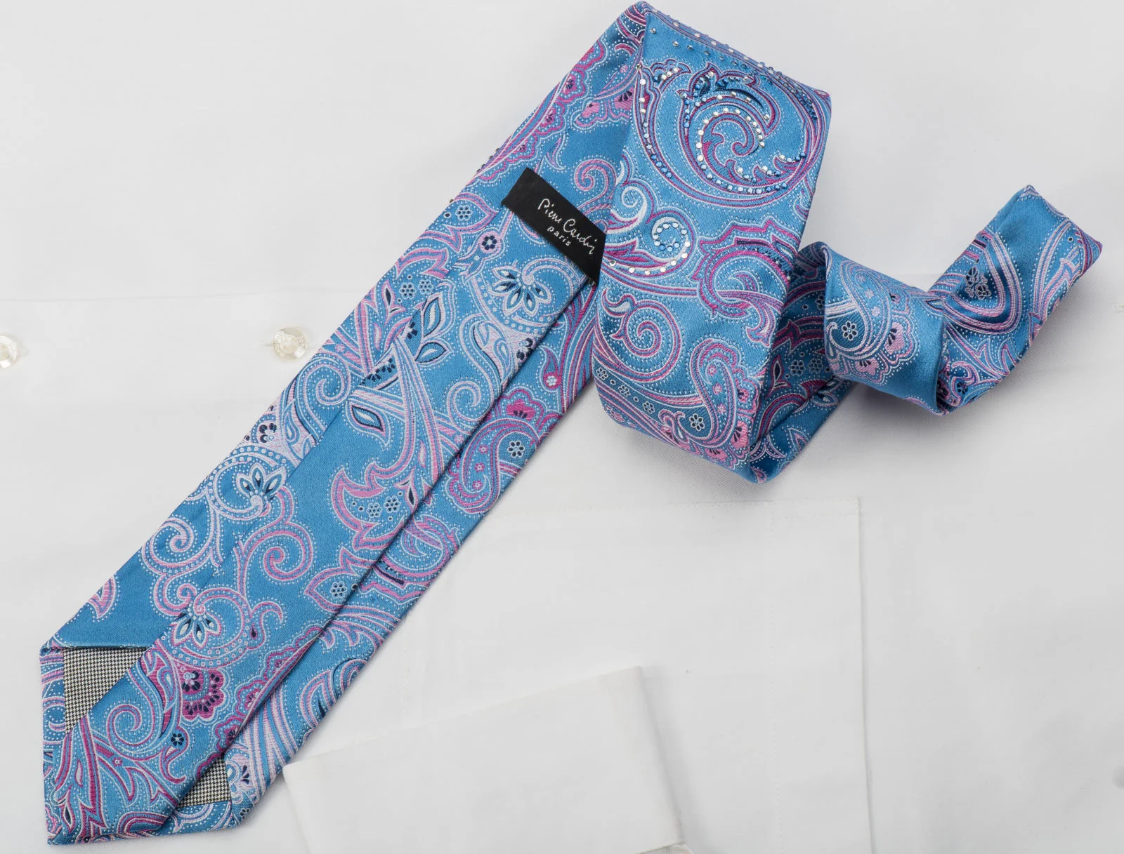 Pierre Cardin Silk Tie Pink Paisley On Sky Blue Sparkling With Rhinestones - Image 6