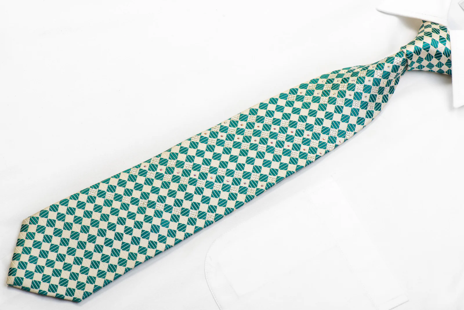 Pierre Cardin Silk Tie Teal White Checkered With Silver Sparkles - Image 3