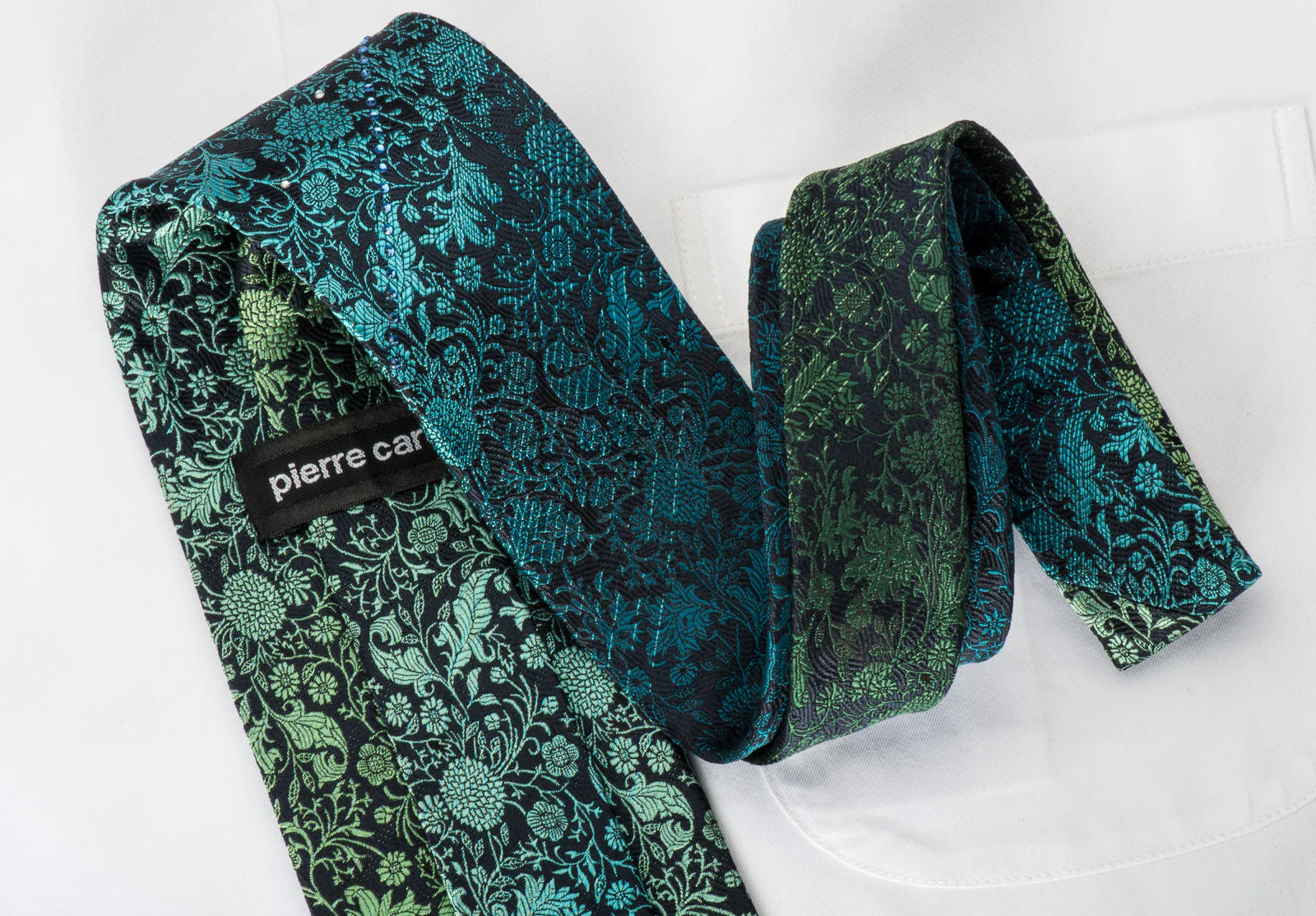 Pierre Cardin Silk Tie Turquoise Green Floral On Navy With Rhinestones - Image 3