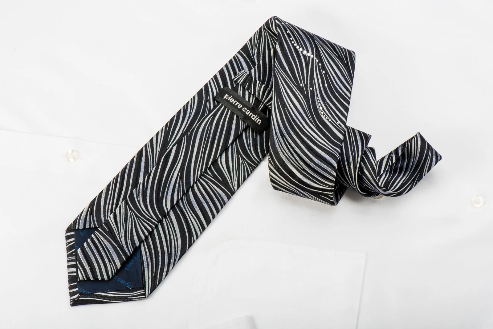 Pierre Cardin Studded Crystal Rhinestone Necktie Silver Zebra Stripes On Black - Image 5