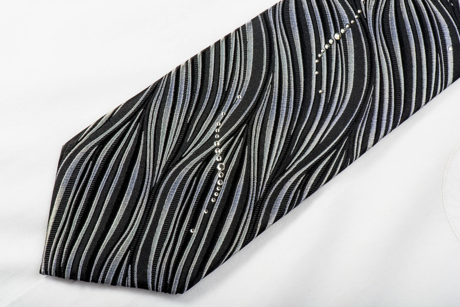 Pierre Cardin Studded Crystal Rhinestone Necktie Silver Zebra Stripes On Black - Image 6