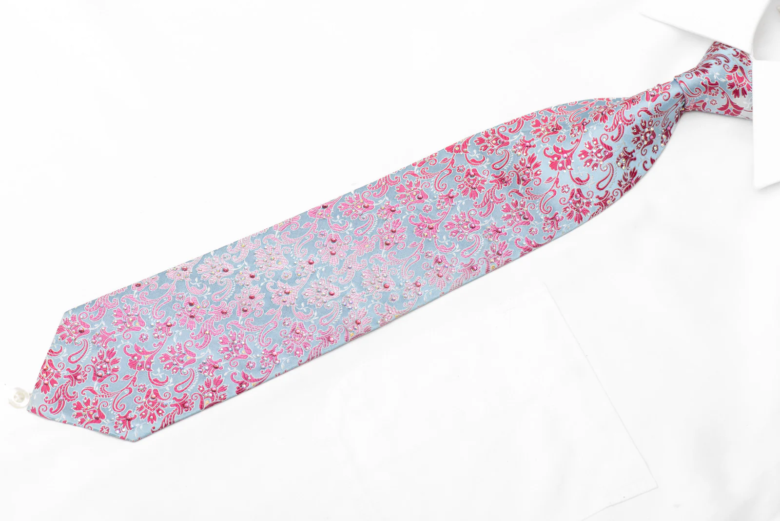 Pink Acanthus Floral On Pale Blue Rhinestone Silk Necktie - Image 3