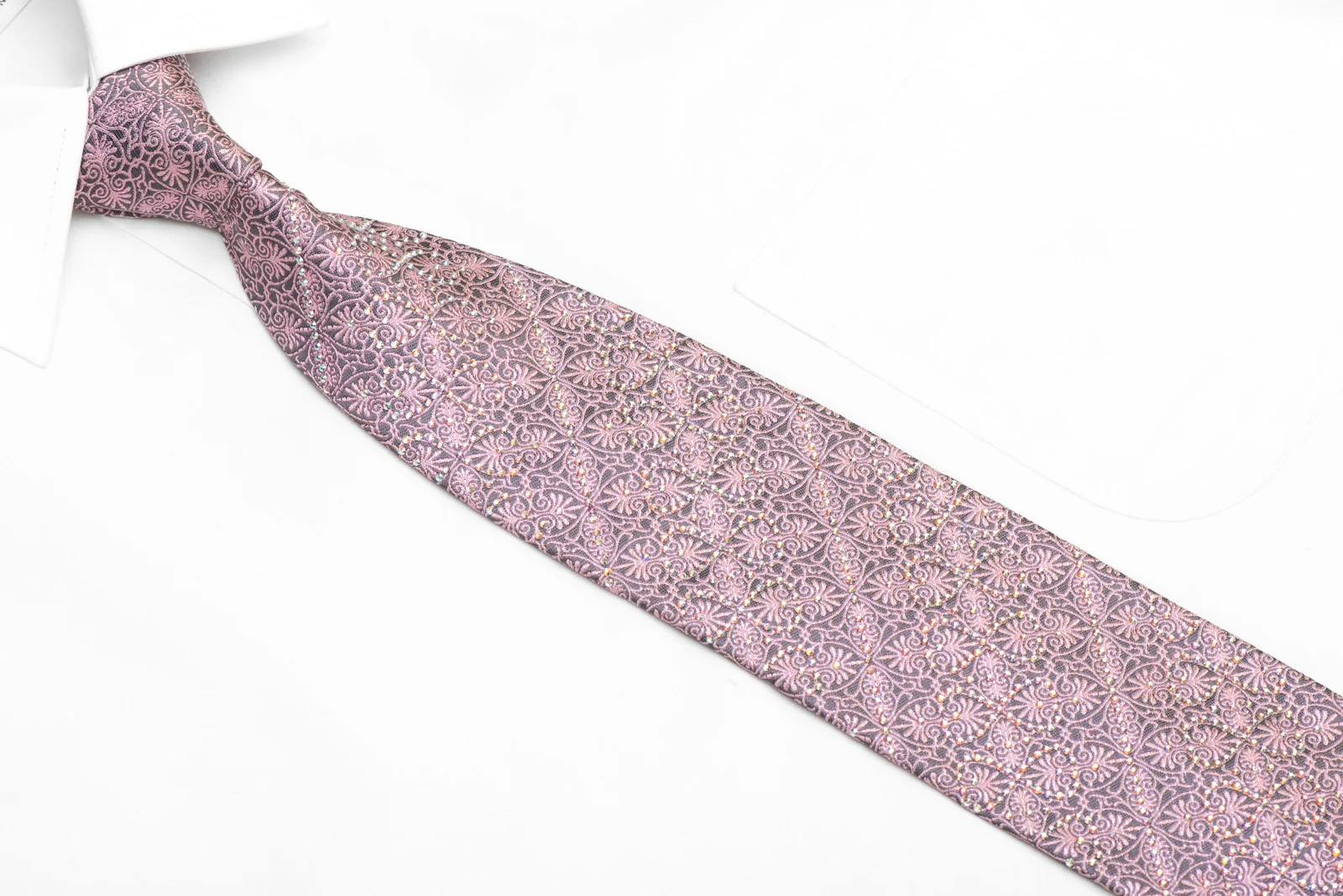 Pink Anthemion Cartouche On Silver Rhinestone Necktie With Silver Sparkles - Image 2