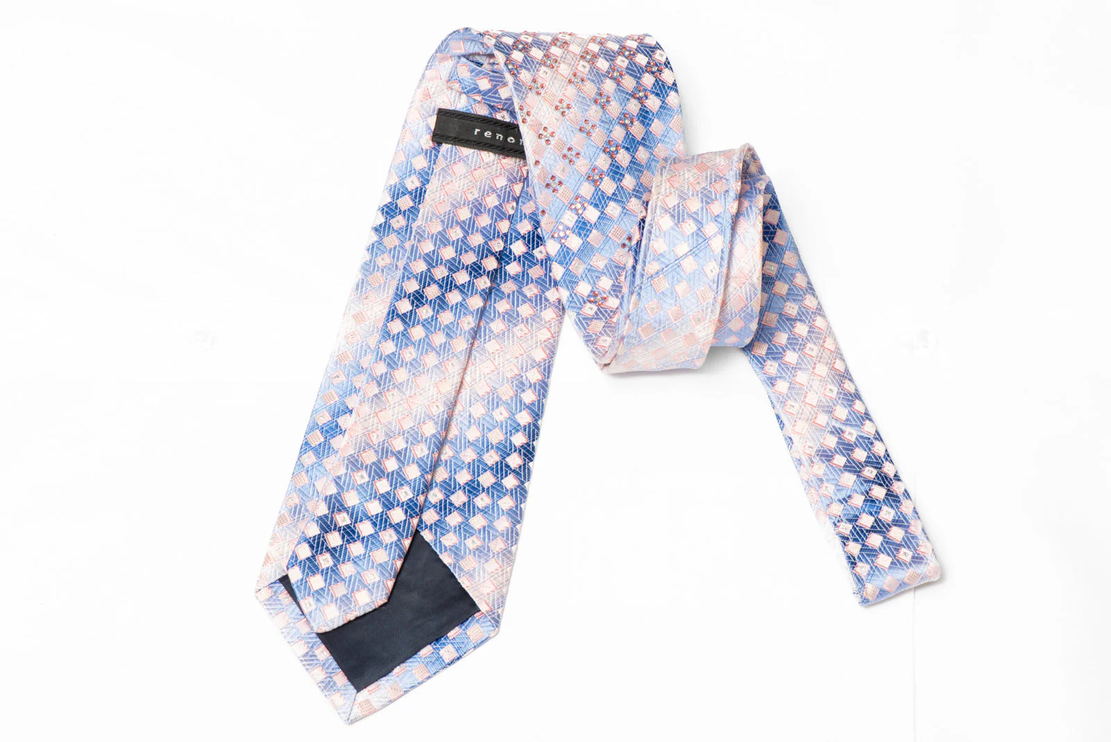 Pink Blue Geometric Rhinestone Silk Tie With Silver Sparkles - Image 3