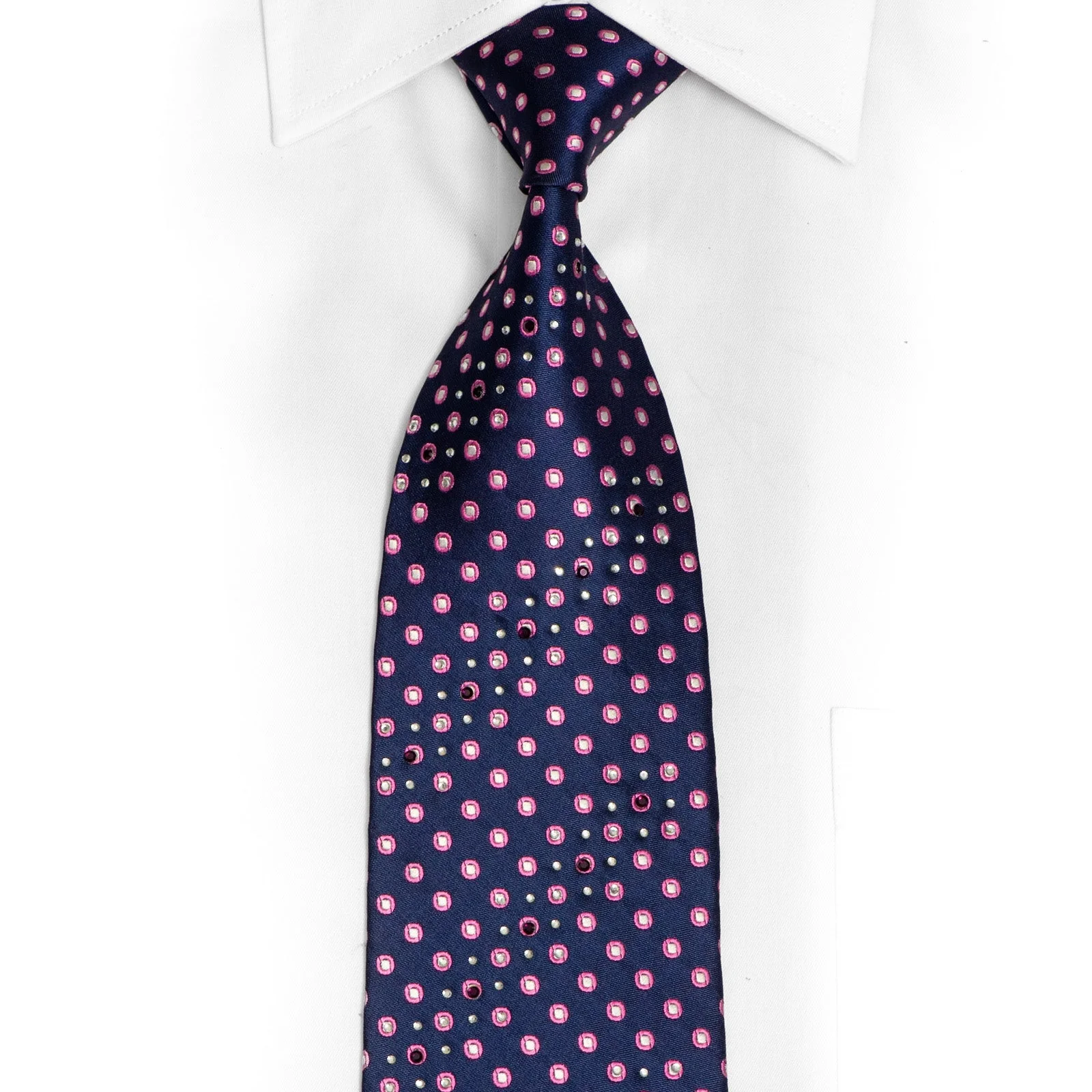 Pink Dots On Navy Rhinestone Silk Tie