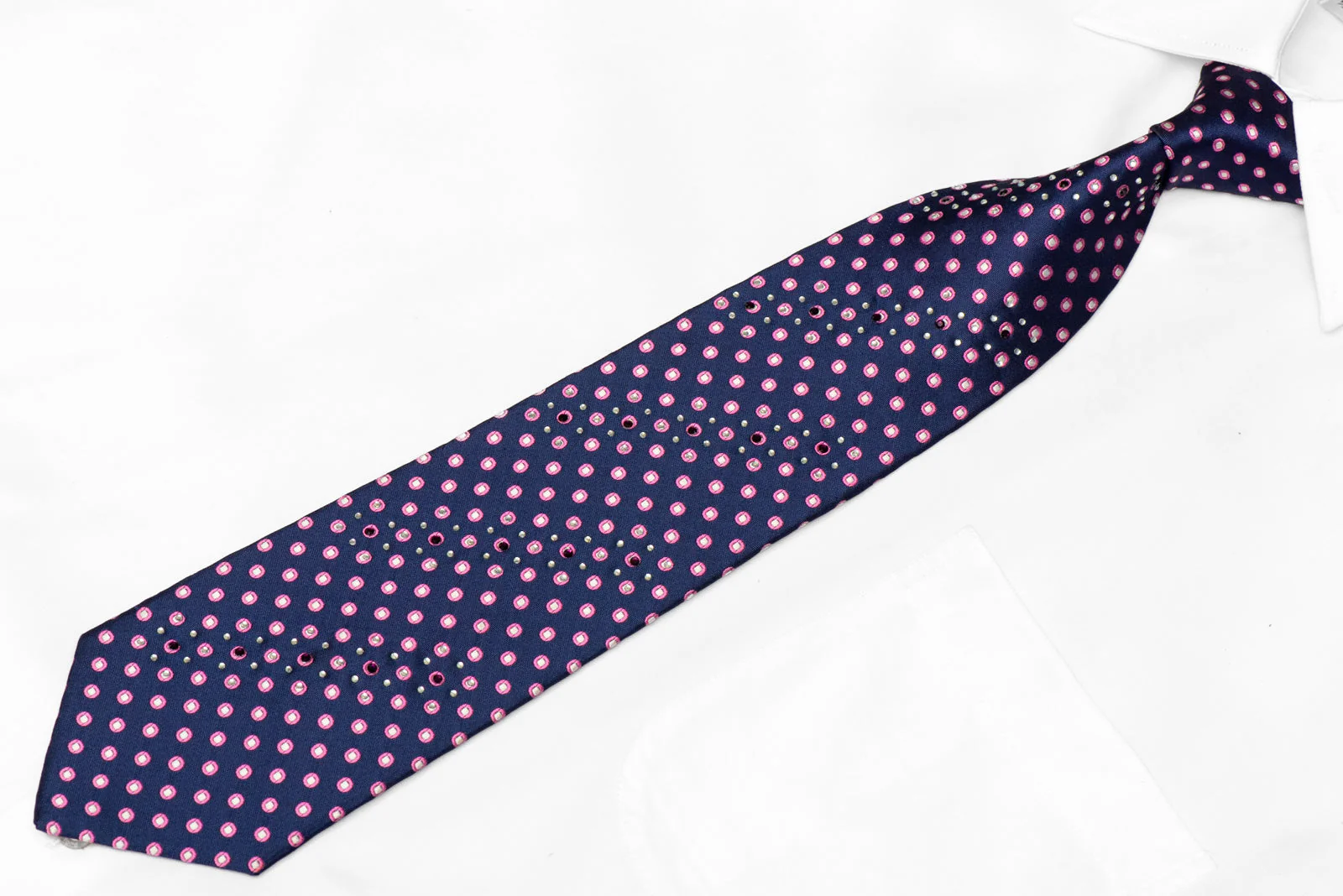 Pink Dots On Navy Rhinestone Silk Tie - Image 2