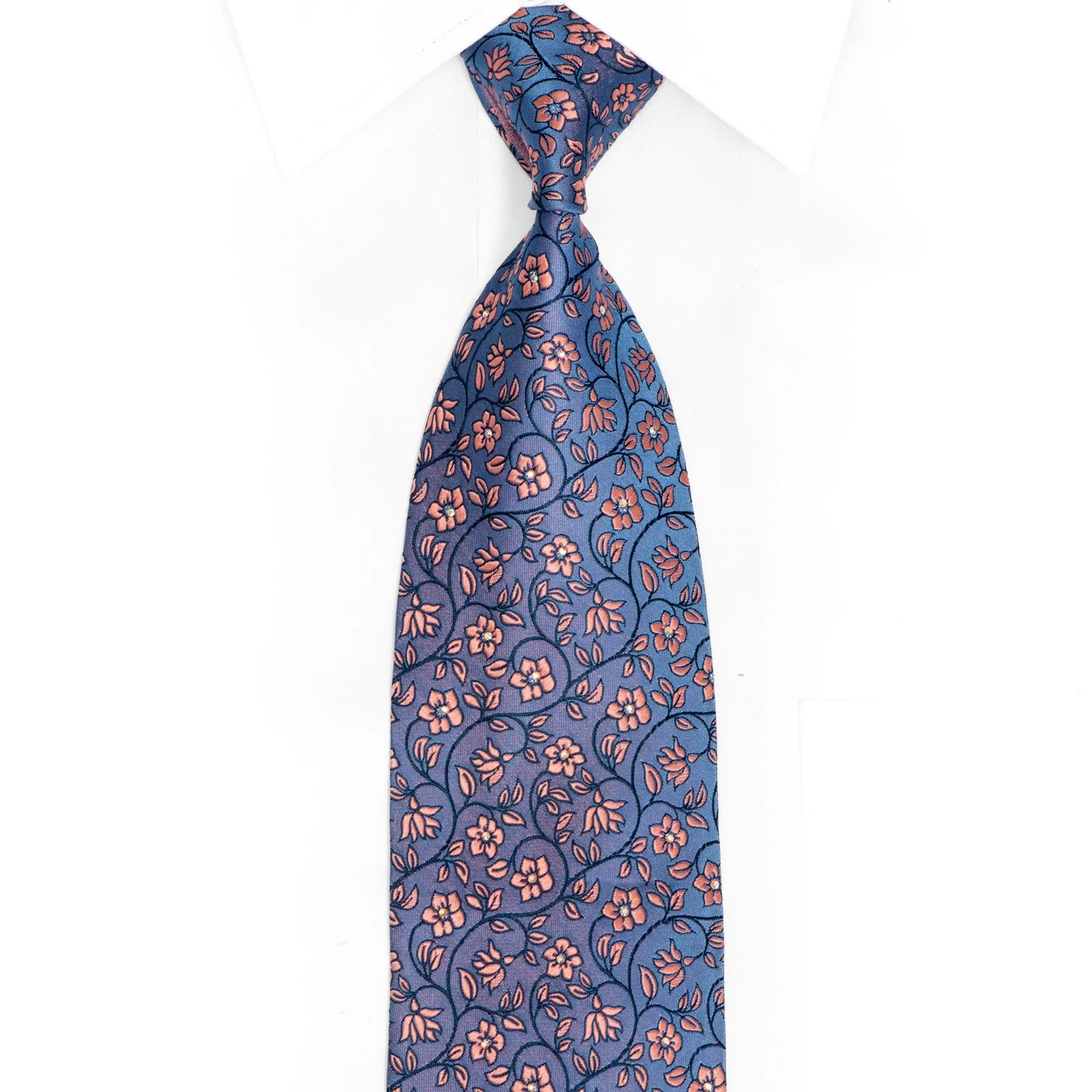 Pink Floral On Blue Rhinestone Silk Tie With Silver Sparkles
