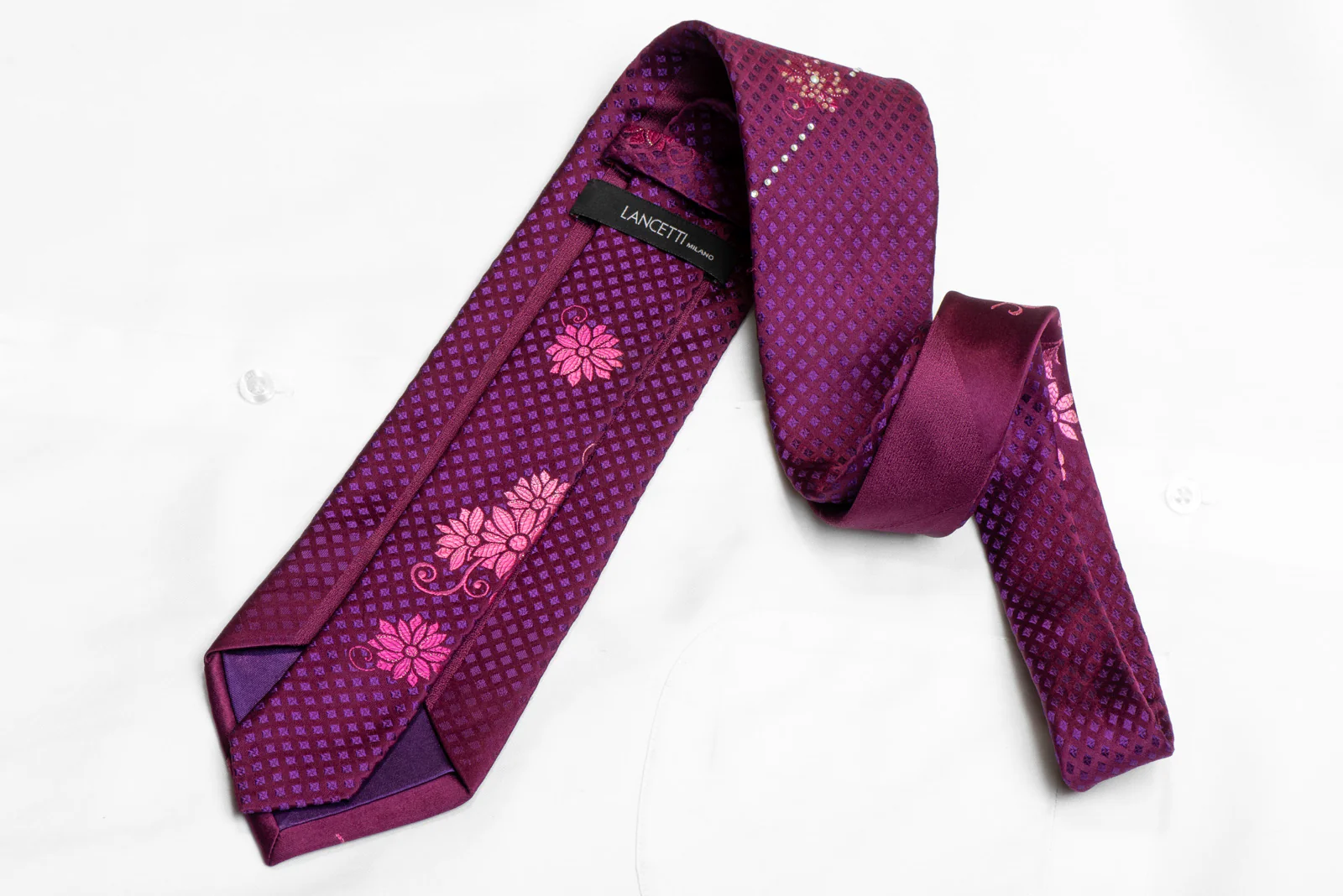 Pink Floral On Burgundy Rhinestone Necktie With Sparkles - Image 4