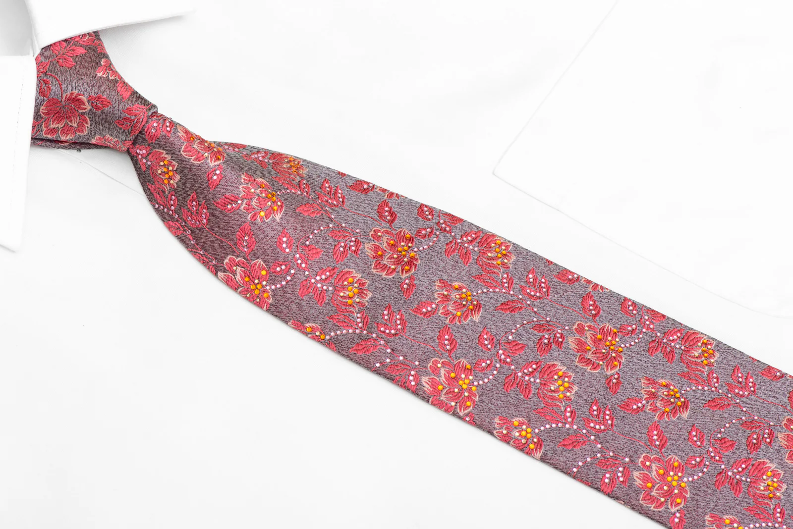 Pink Floral On Silver Rhinestone Silk Necktie - Image 2