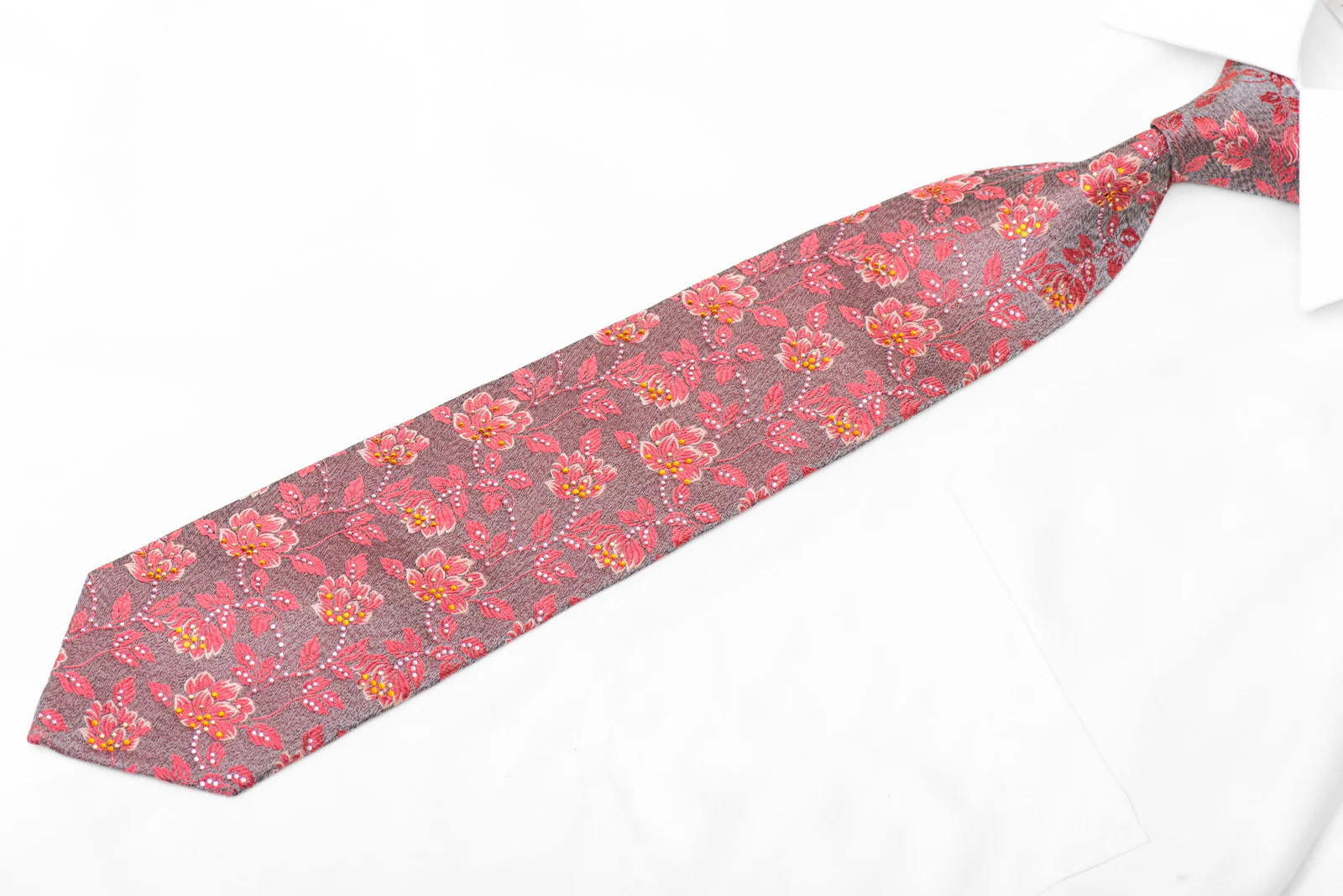 Pink Floral On Silver Rhinestone Silk Necktie - Image 3