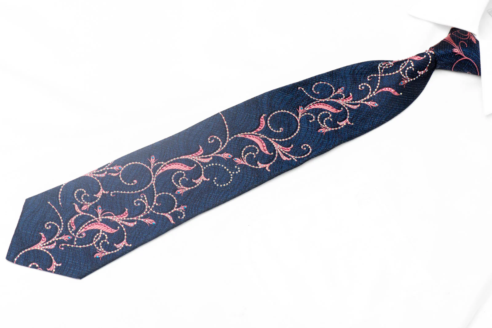 Pink Floral Scrolls On Navy Silk Necktie With Pink Blue Rhinestones - Image 2