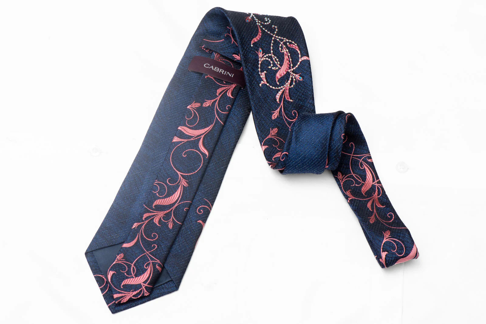 Pink Floral Scrolls On Navy Silk Necktie With Pink Blue Rhinestones - Image 3