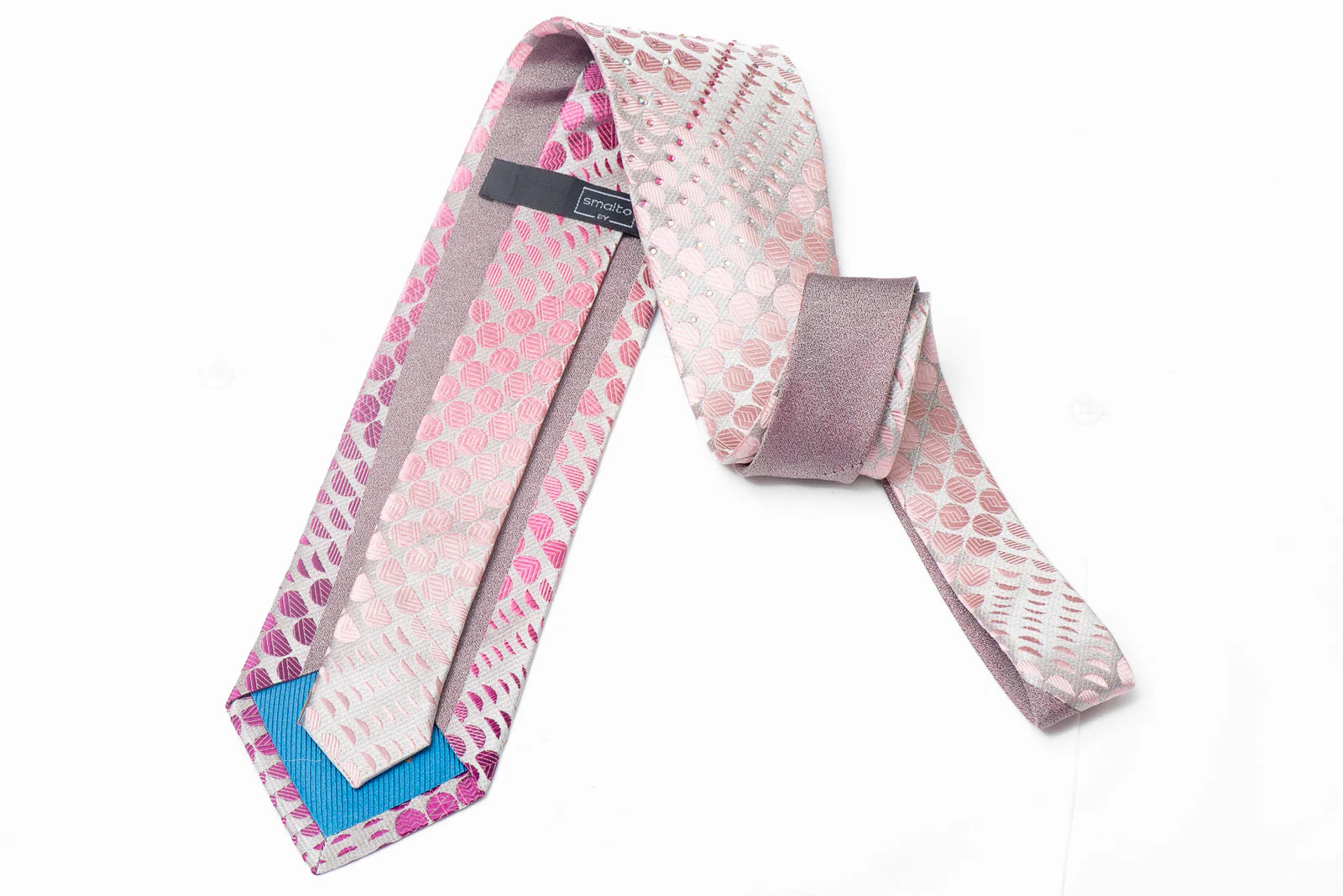 Pink Geometric Circles On Silver Rhinestone Silk Necktie With Silver Sparkles - Image 3